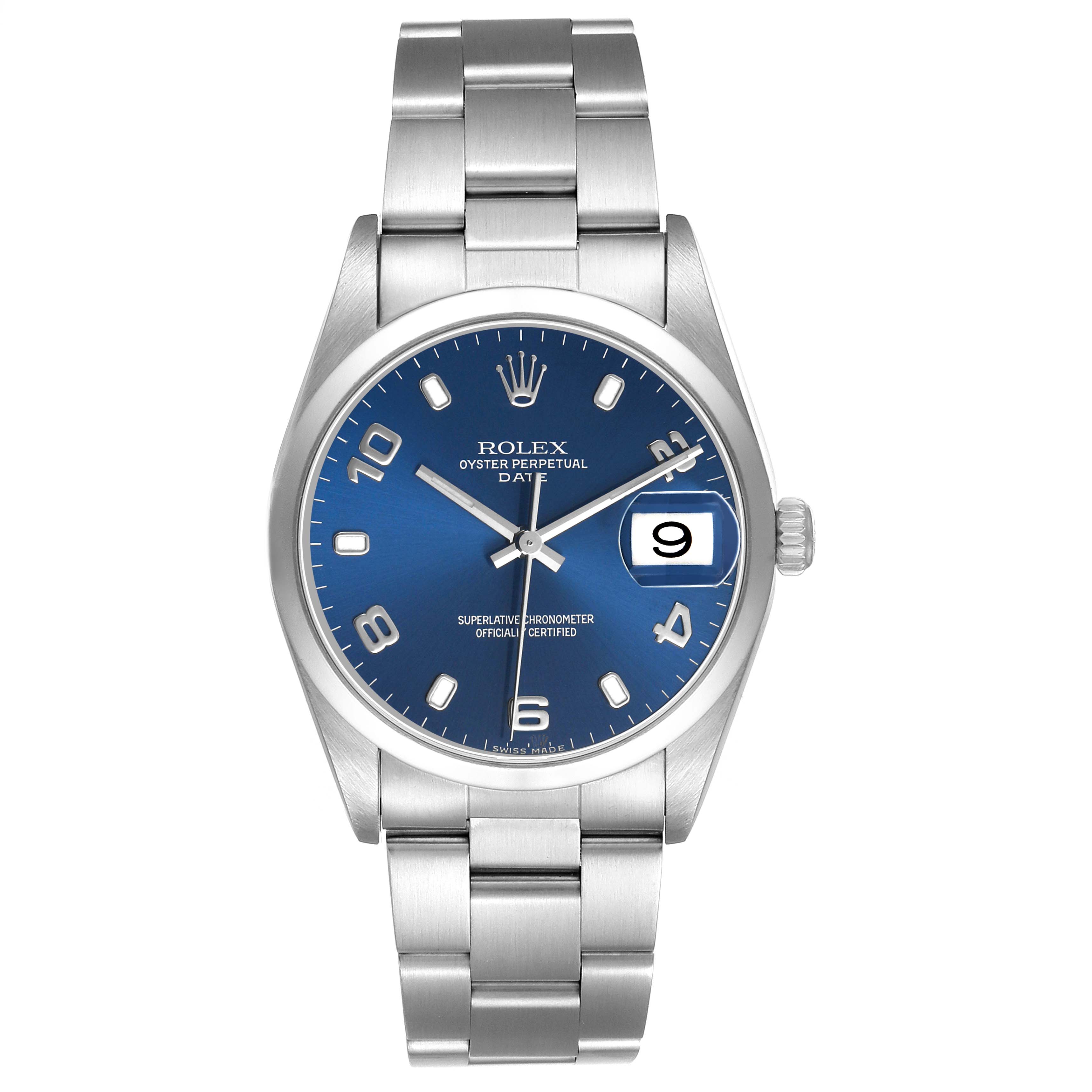 The Rolex Date 15200 Men's Stainless Steel Blue Dial watch is shown from a front angle, displaying the blue dial, date window, and stainless steel bracelet.