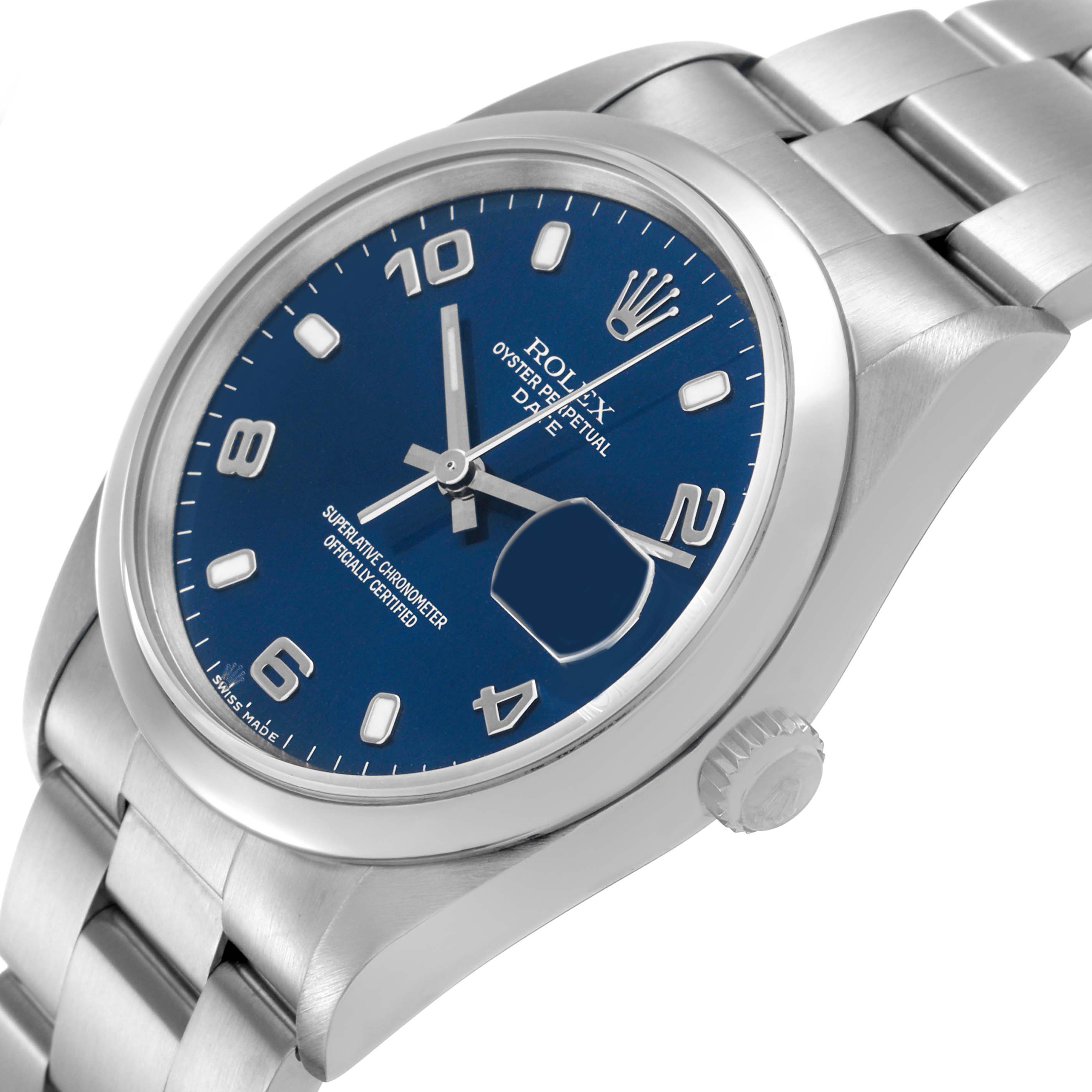 The Rolex Date 15200 Men's Stainless Steel Blue Dial model watch is shown at an angle displaying the blue dial, crown, and bracelet.
