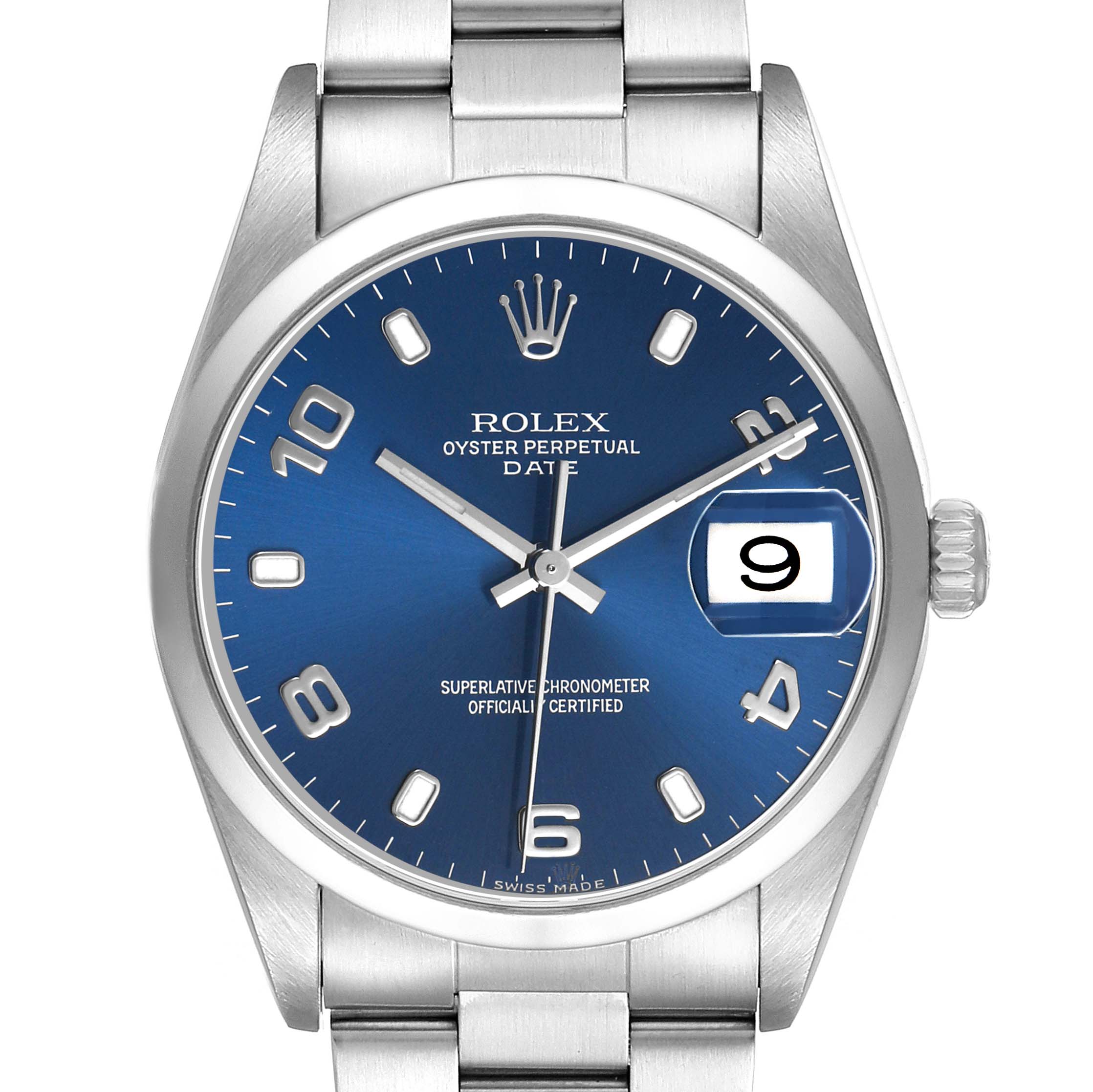 The Rolex Date 15200 Men's Stainless Steel Blue Dial watch is shown from the front, highlighting its dial, indices, hands, date window, crown, and bracelet.
