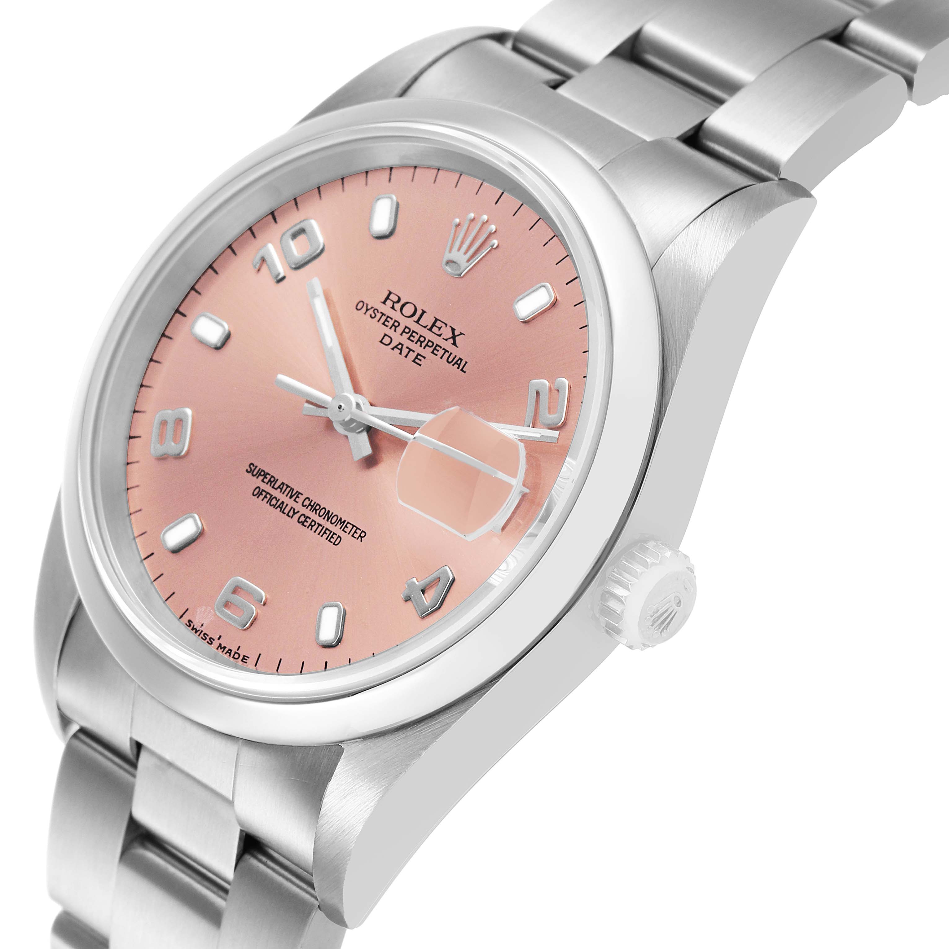 The image shows a Rolex Date 15200 Men's Stainless Steel Pink Dial watch angled from the front-right, highlighting the dial, case, bracelet, and crown.