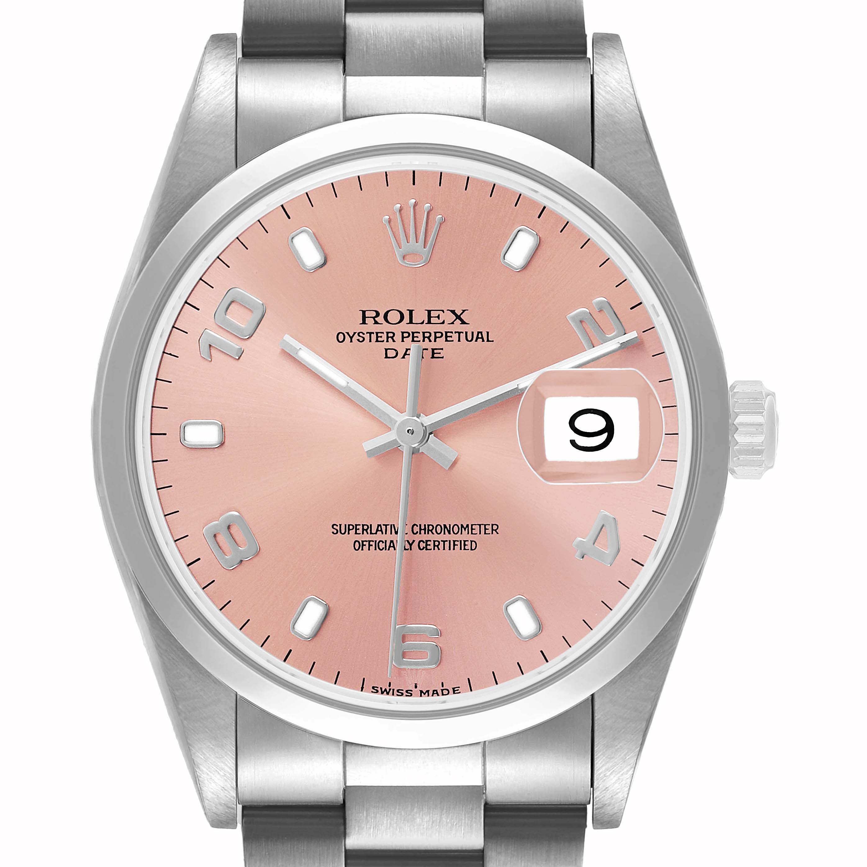 The Rolex Date 15200 Men's Stainless Steel Pink Dial watch is shown from a top-down angle, displaying its pink dial, numerals, hands, and date window.