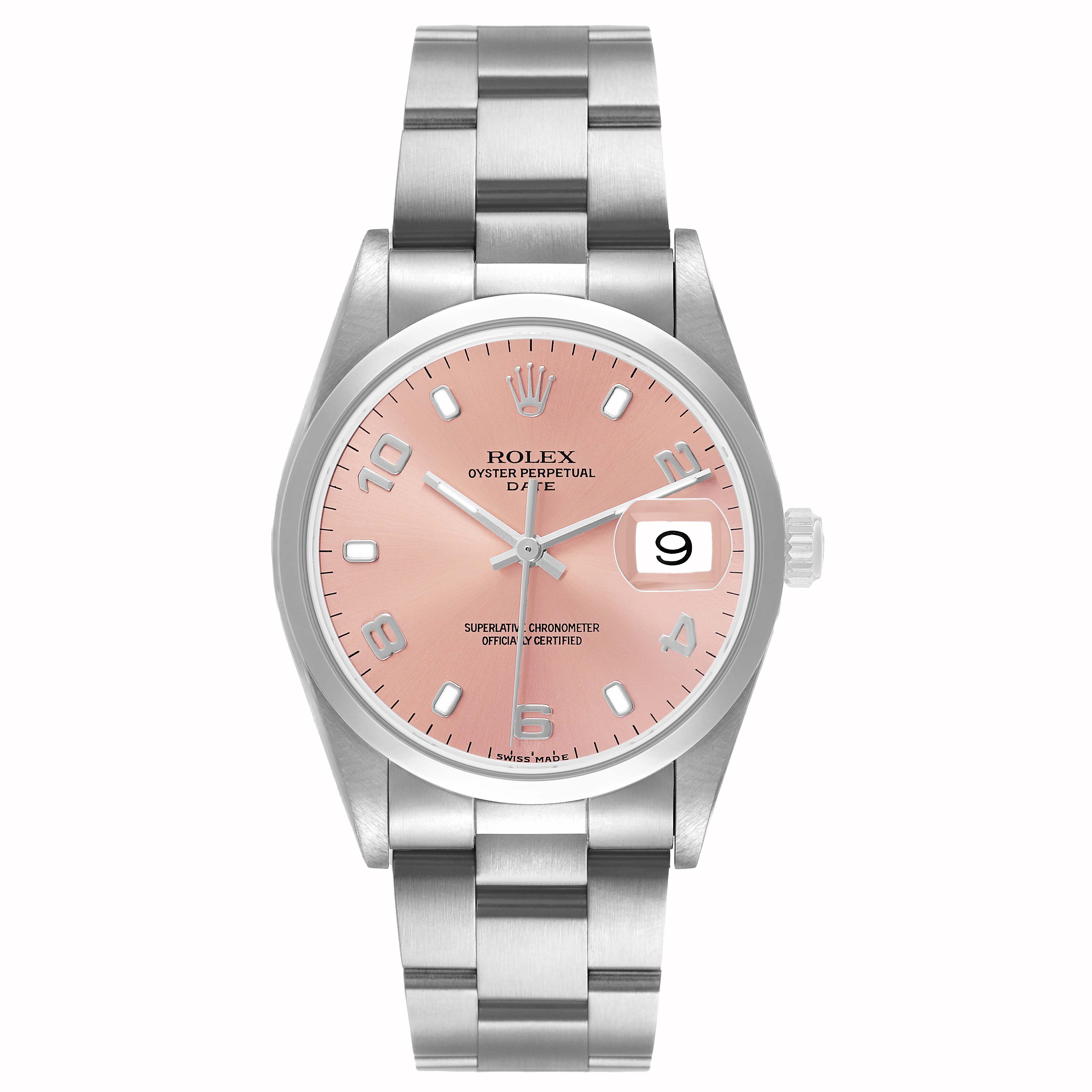 The image shows a front view of a Rolex Date 15200 Men's Stainless Steel Pink Dial watch, displaying its full face, bracelet, and crown.