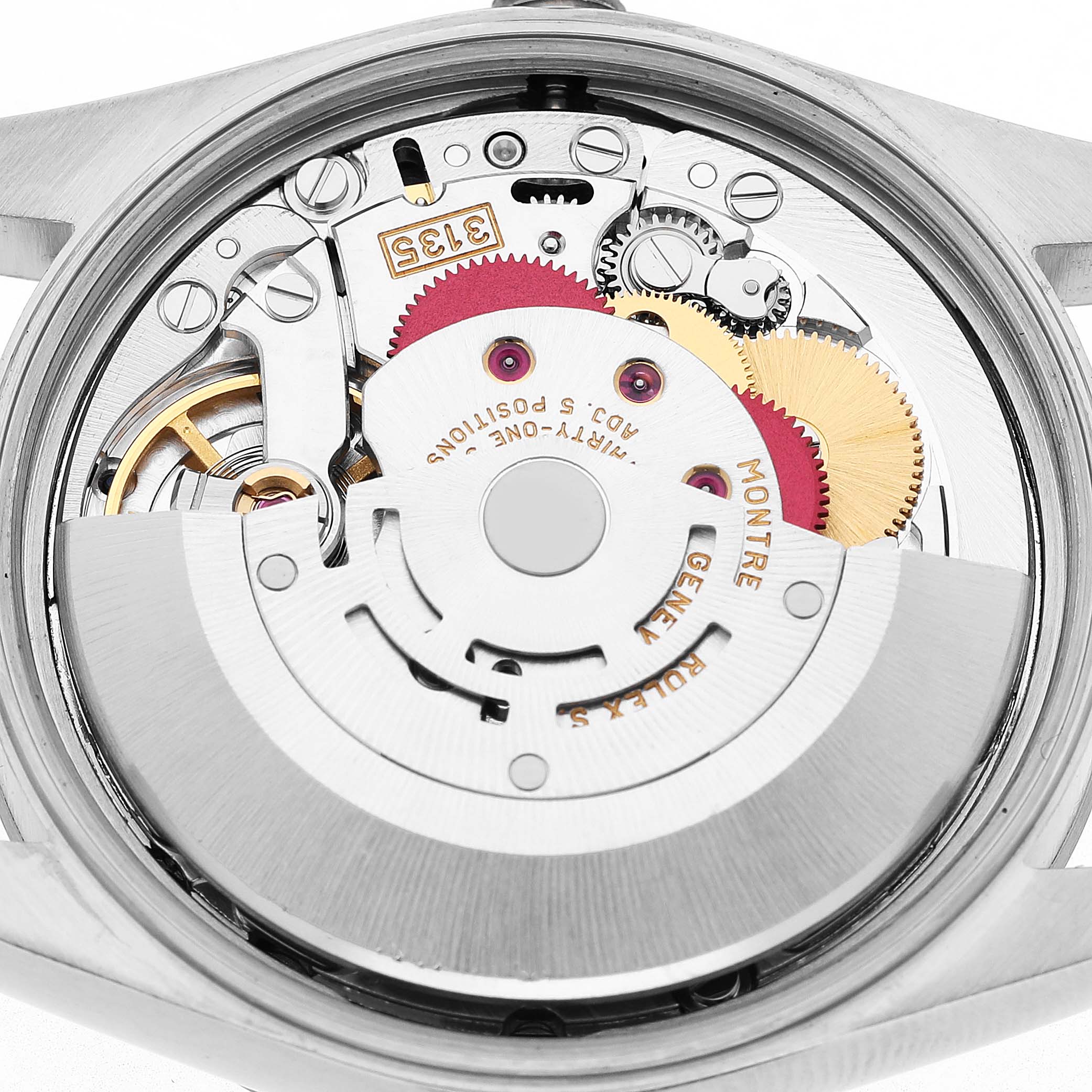 The image shows an inside view of the Rolex Date 15200 Men's Stainless Steel Pink Dial model, highlighting the intricate movement and gears of the watch mechanism.