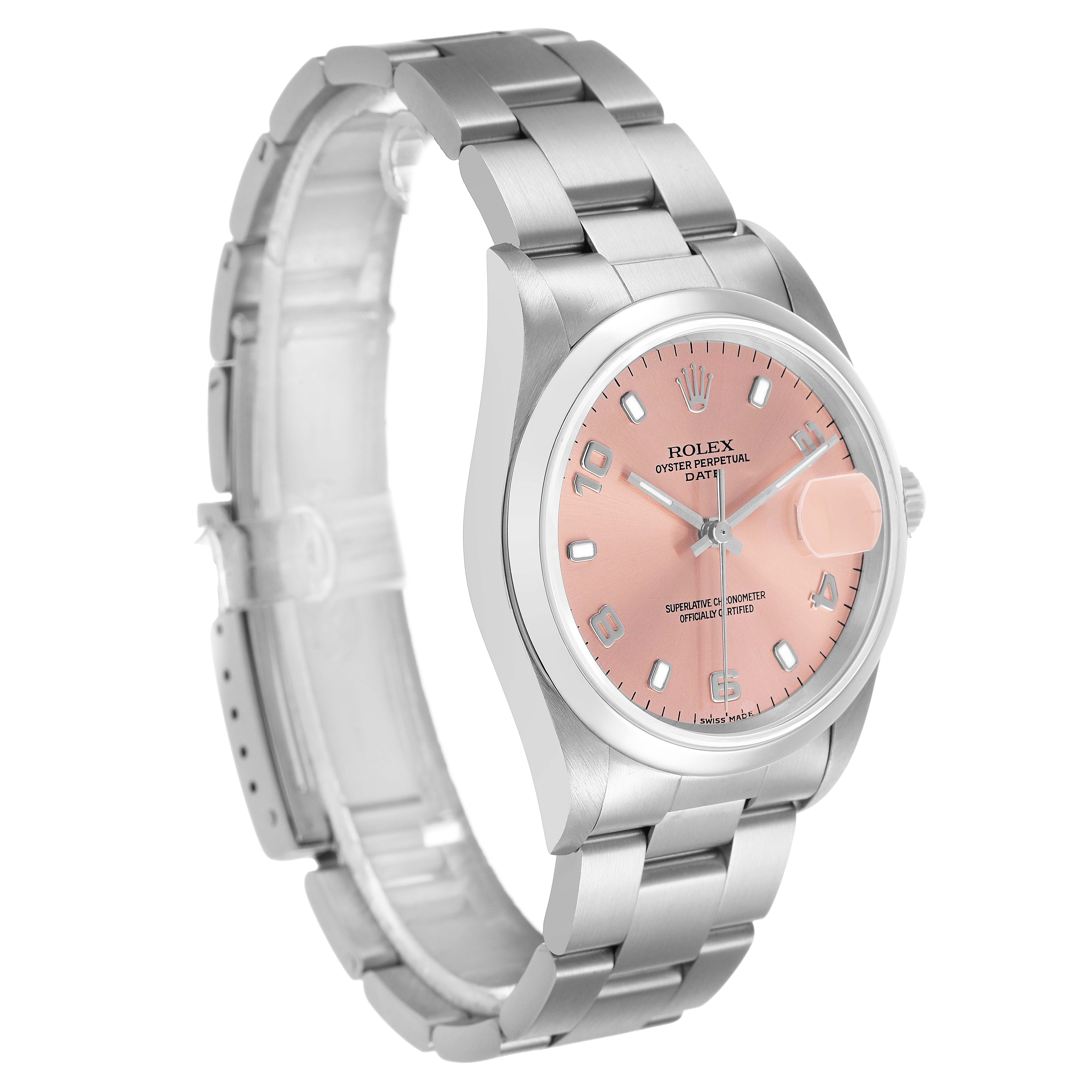 The Rolex Date 15200 Men's Stainless Steel Pink Dial watch is shown at a three-quarter angle, highlighting its pink dial, silver bracelet, and crown.