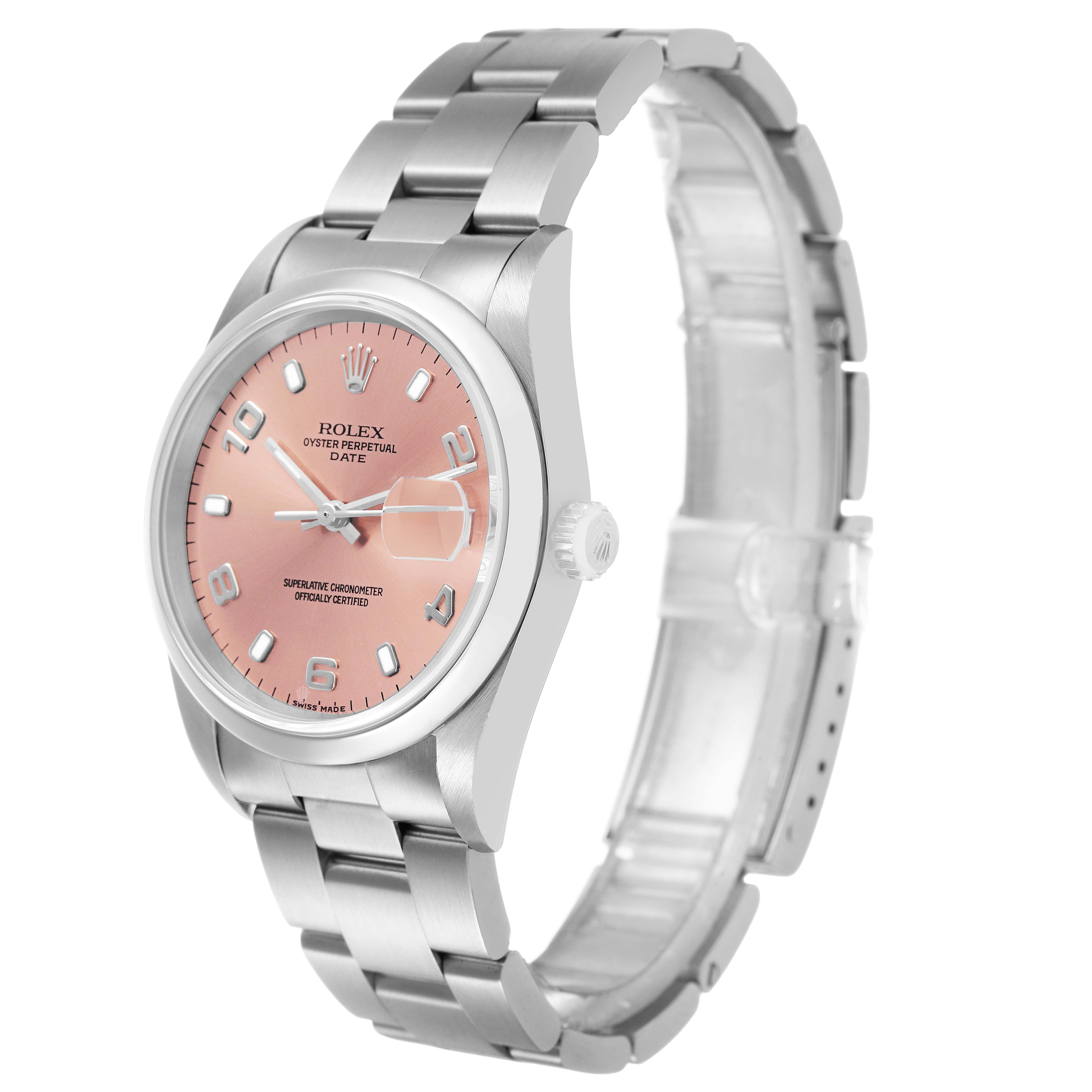 The Rolex Date 15200 Men's Stainless Steel Pink Dial watch is shown at a slight angle, displaying the face, bezel, bracelet, and crown.