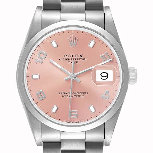 The image shows a Rolex Date 15200 Men's Stainless Steel Pink Dial model from a front angle, highlighting the watch face, crown, and bracelet.