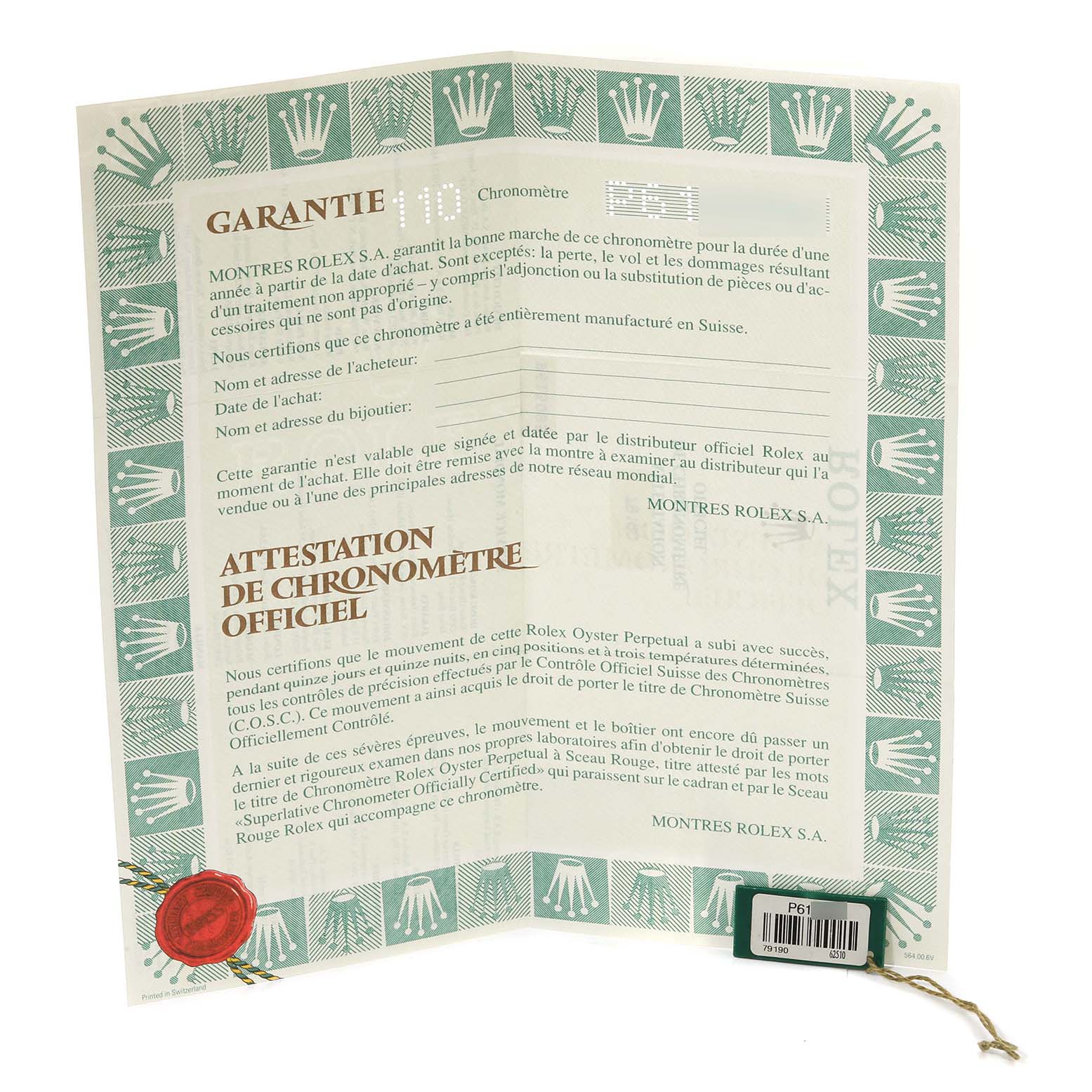 The image shows the guarantee and chronometer certification paperwork for a Rolex Date 79190 Women
s Stainless Steel White Dial 79190 Women
s Stainless Steel White Dial model watch.