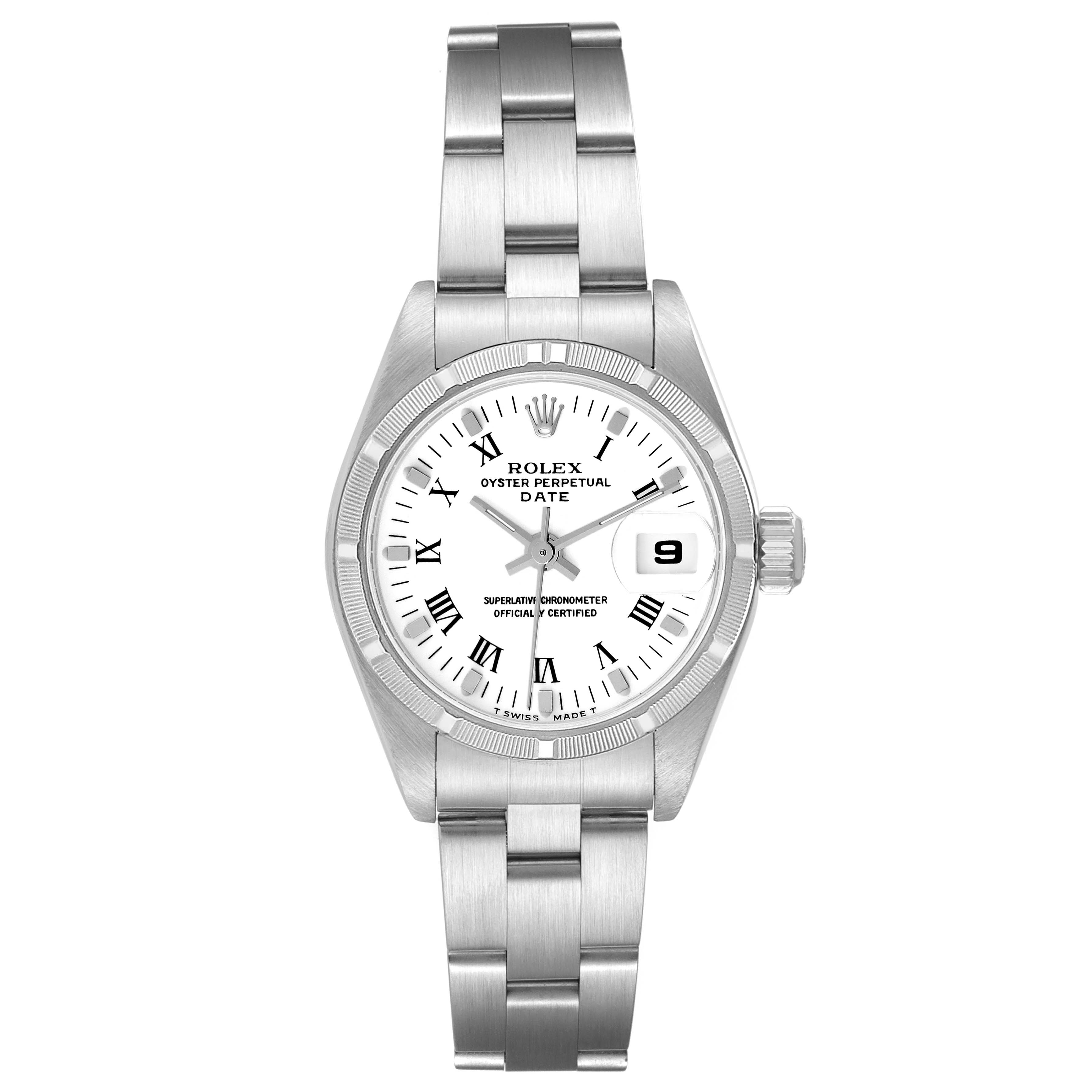 This image shows a front view of a Rolex Date 79190 Women
s Stainless Steel White Dial 79190 Women
s Stainless Steel White Dial model watch, displaying the dial, bezel, and stainless steel bracelet.