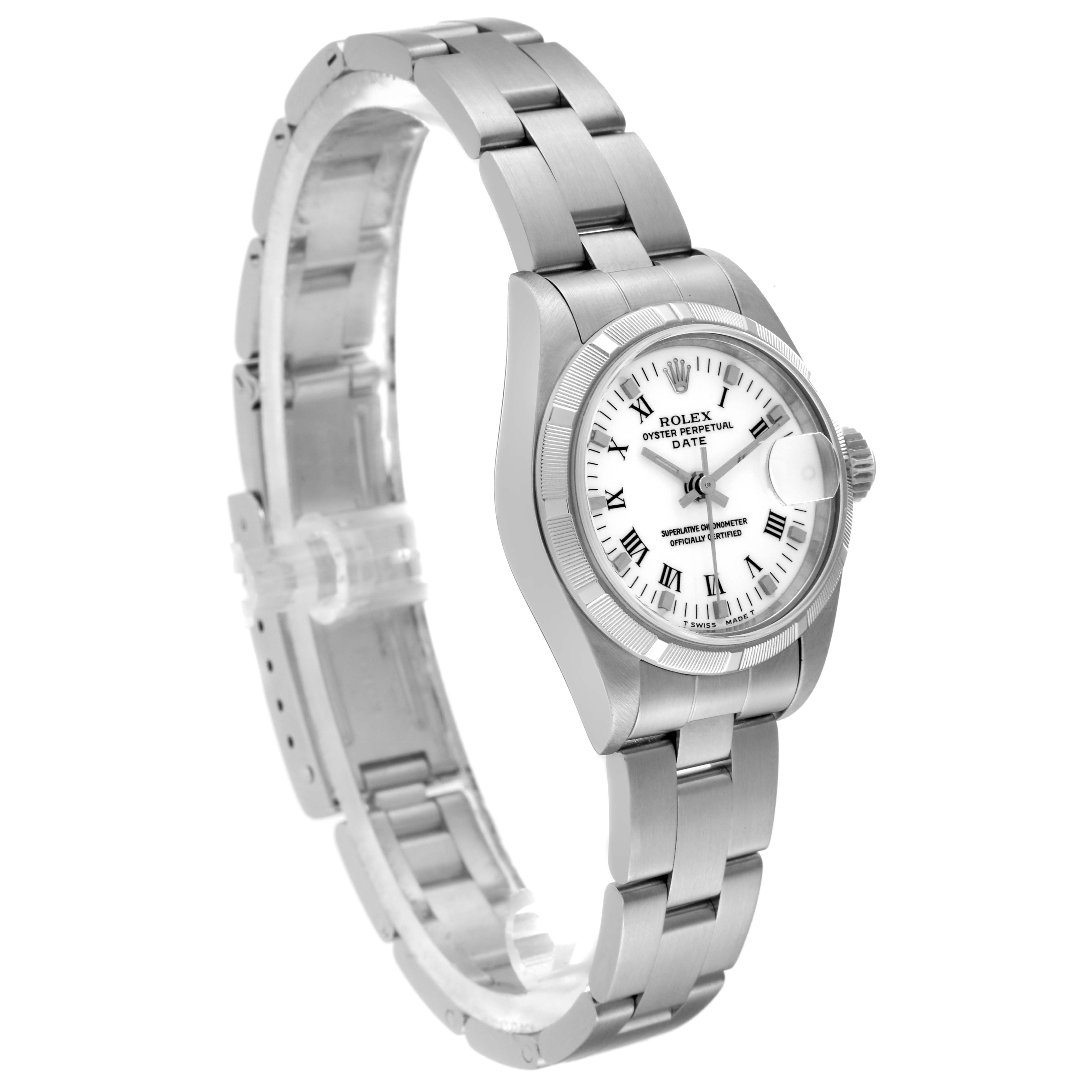 The Rolex Date 79190 Women
s Stainless Steel White Dial 79190 Women
s Stainless Steel White Dial watch is shown at a three-quarter angle, capturing the dial, bezel, case, and bracelet in detail.