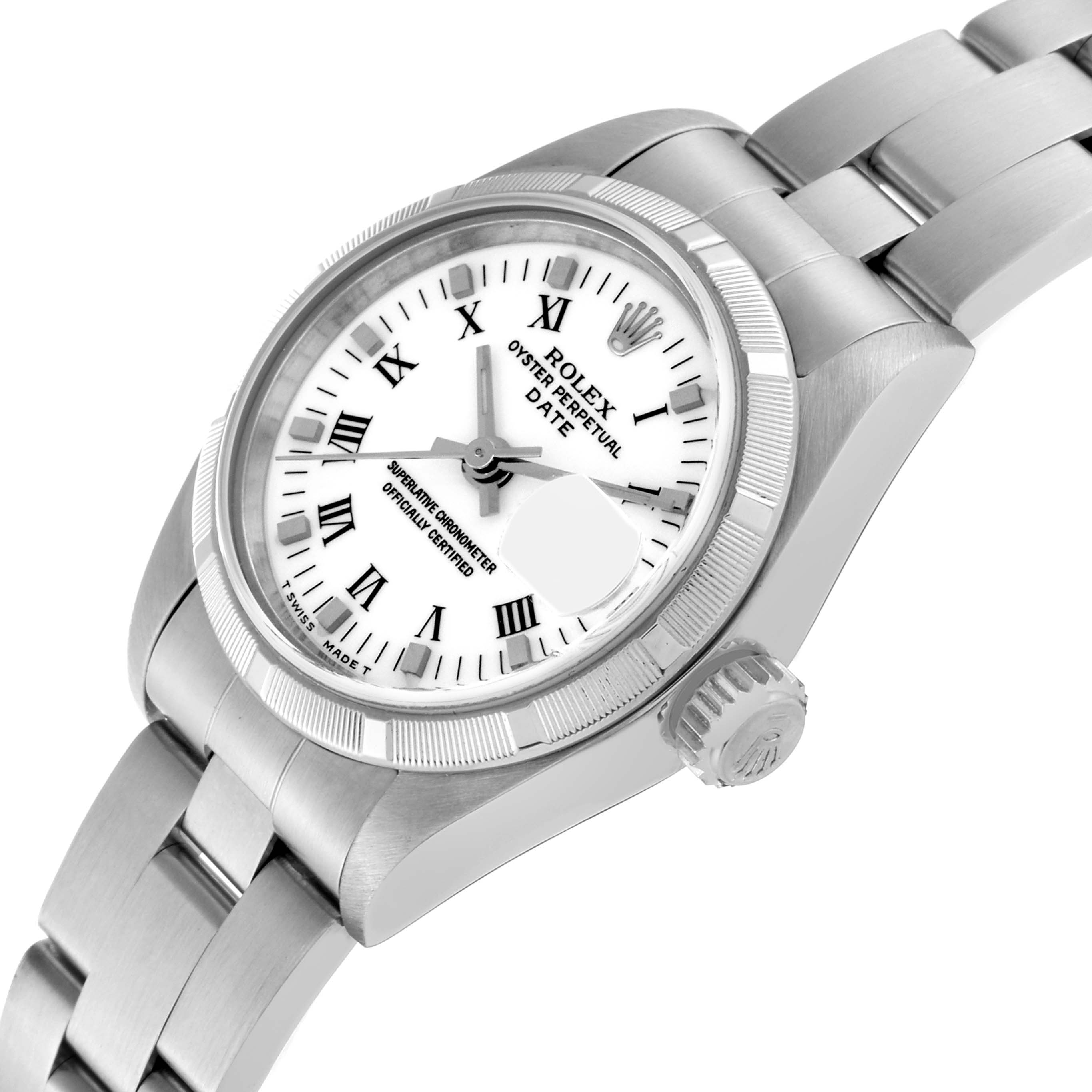 The image displays a Rolex Date 79190 Women
s Stainless Steel White Dial 79190 Women
s Stainless Steel White Dial model watch at an oblique angle, showing the dial, bezel, and part of the bracelet.