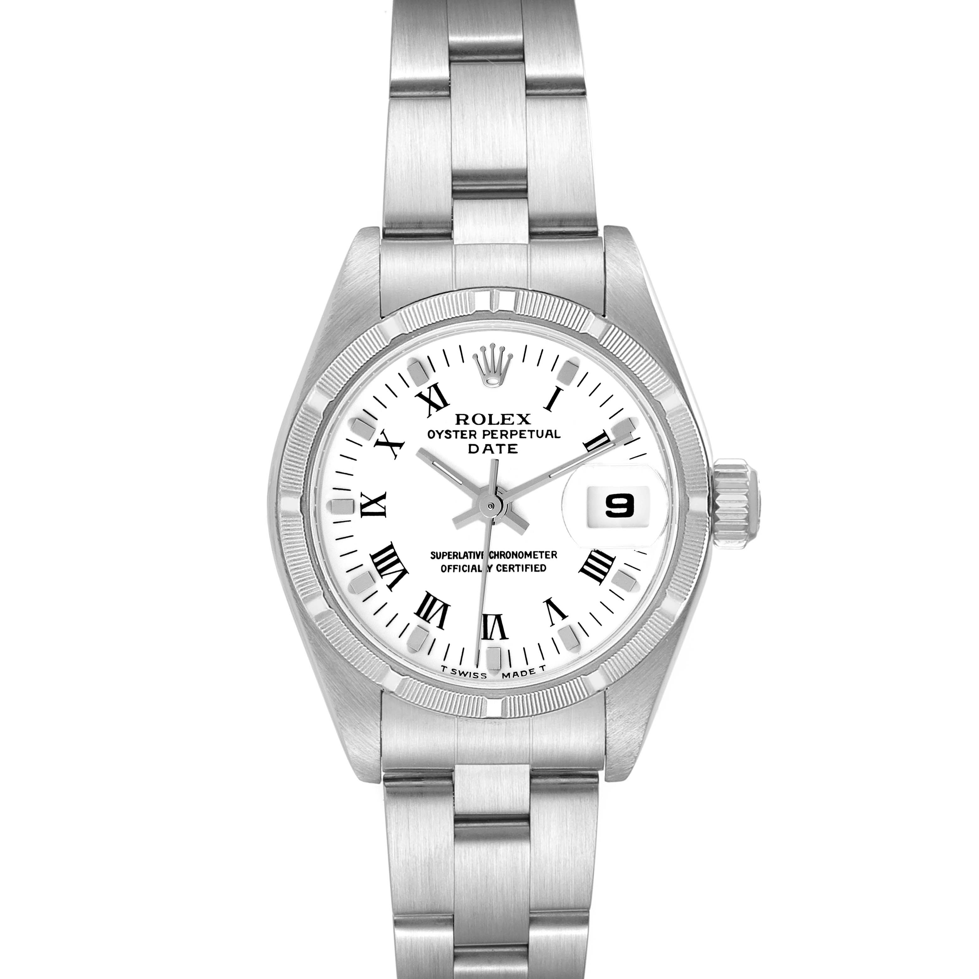 The image shows a front view of a Rolex Oyster Perpetual Date watch, featuring its dial, bracelet, and date window at 3 o
clock.