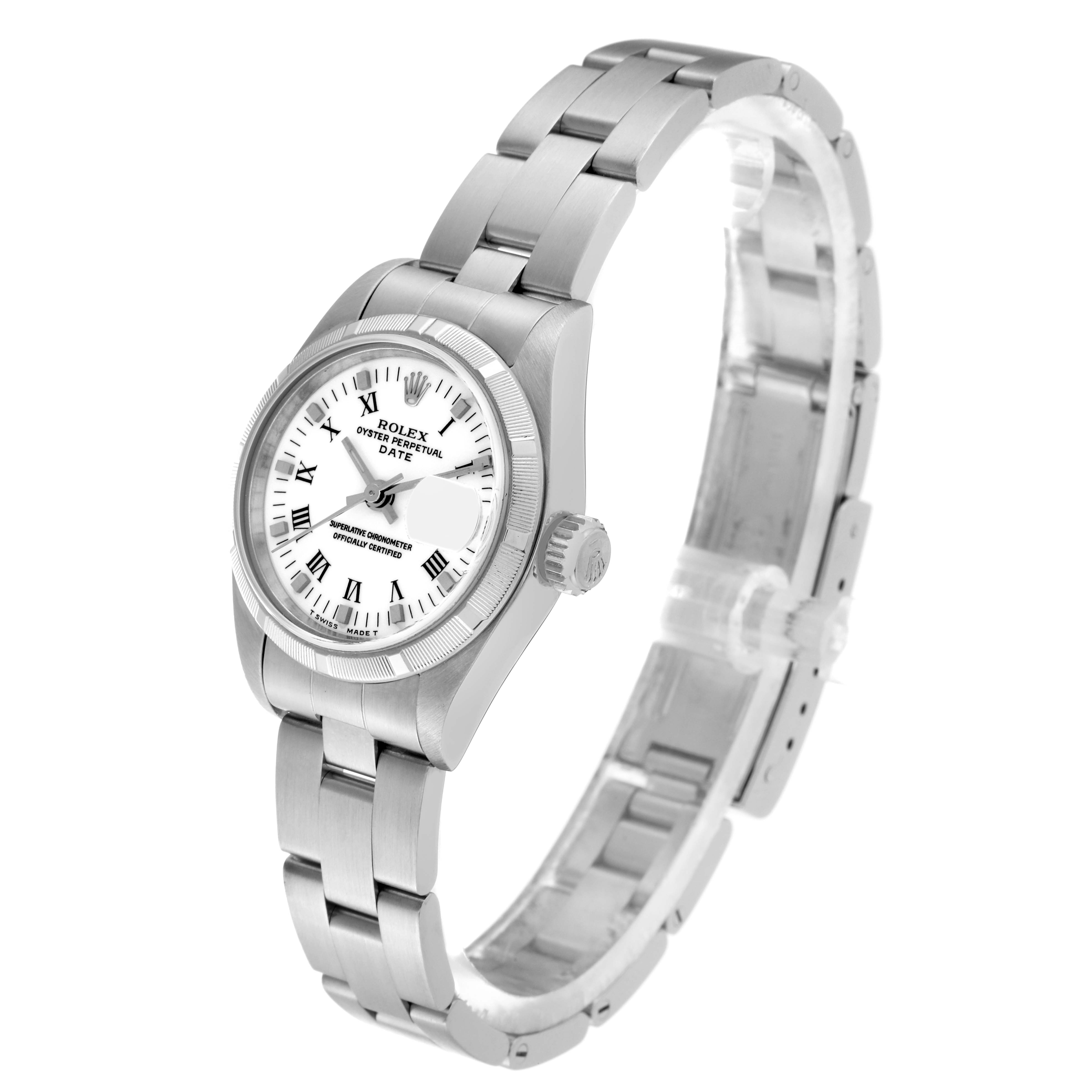 This image shows a Rolex Date 79190 Women
s Stainless Steel White Dial 79190 Women
s Stainless Steel White Dial model watch at an angle emphasizing the face, crown, and bracelet.