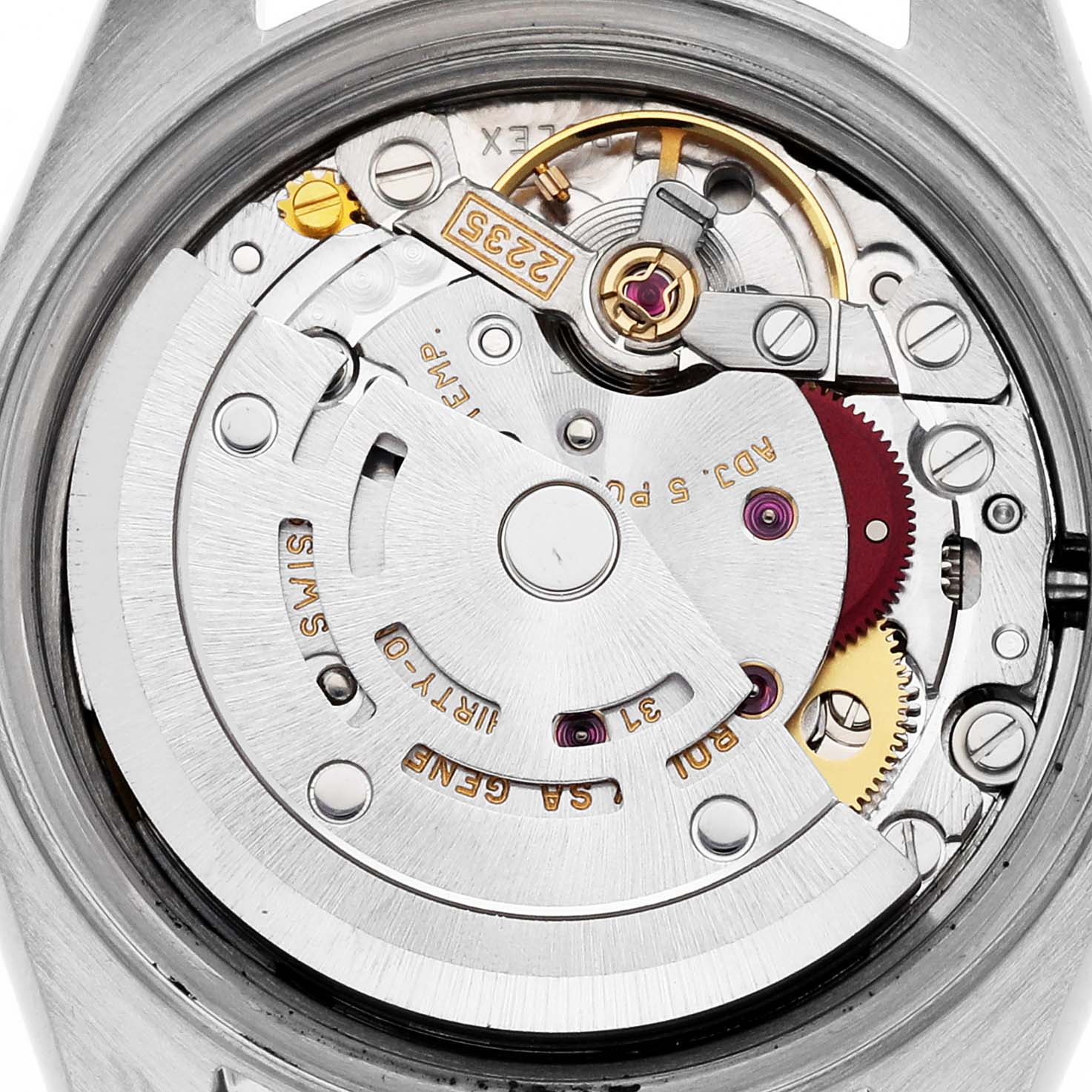 This image shows a close-up view of the movement mechanism inside a Rolex Date 79190 Women
s Stainless Steel White Dial 79190 Women
s Stainless Steel White Dial model watch.