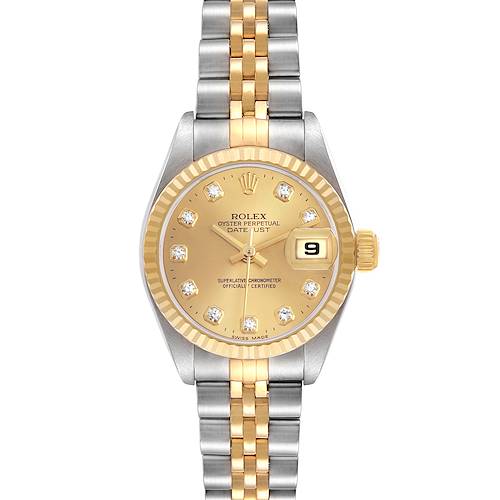 The Rolex Datejust 69173 Women's Steel and Gold (two tone) Champagne Dial watch is shown from the front, highlighting the dial, bezel, and two-tone bracelet.