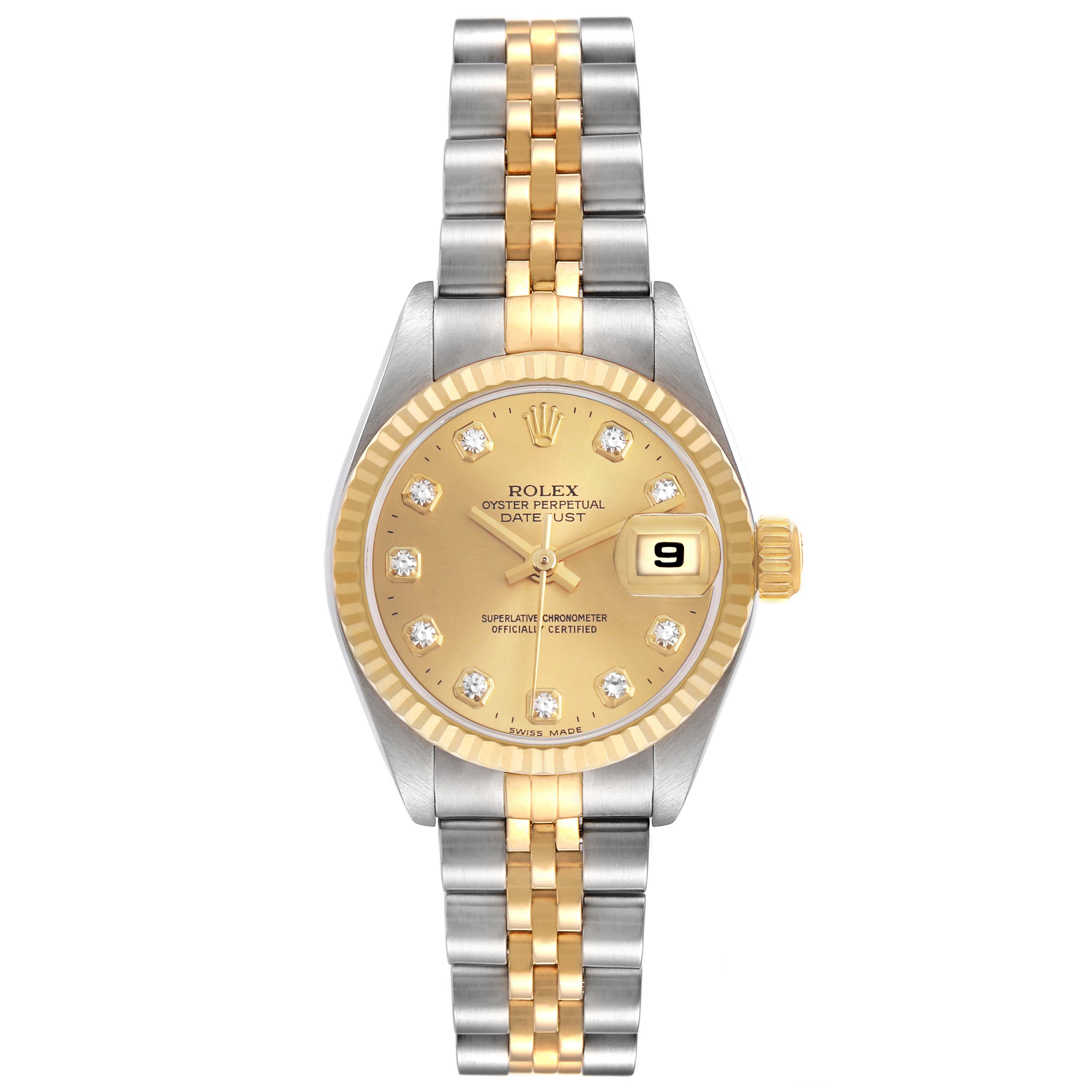 The Rolex Datejust 69173 Women's Steel and Gold (two tone) Champagne Dial watch is shown from the front, displaying the face, bracelet, and crown clearly.
