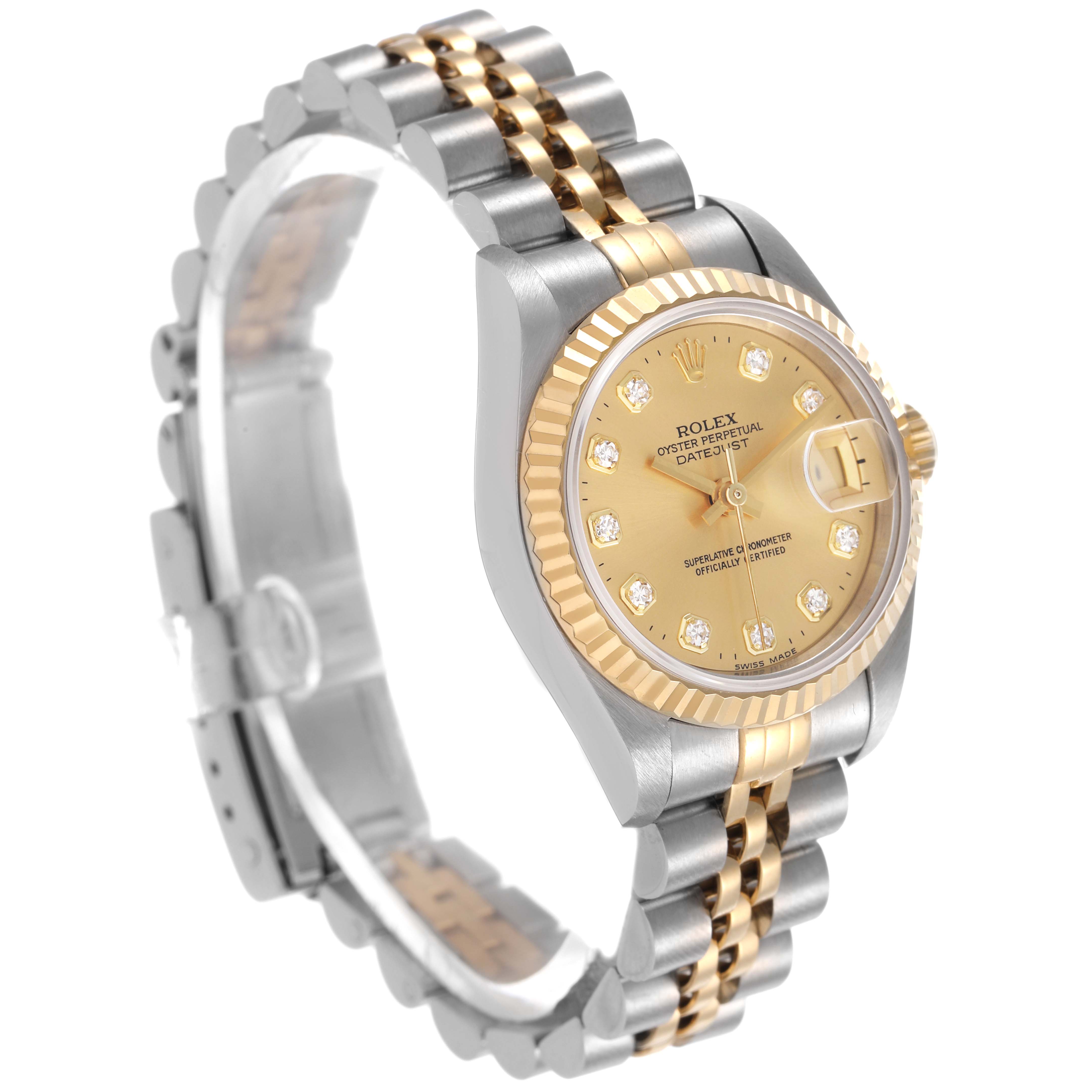 The Rolex Datejust 69173 Women's Steel and Gold (two tone) Champagne Dial watch is shown at a side angle, highlighting the two-tone bracelet, bezel, and diamond-studded dial.