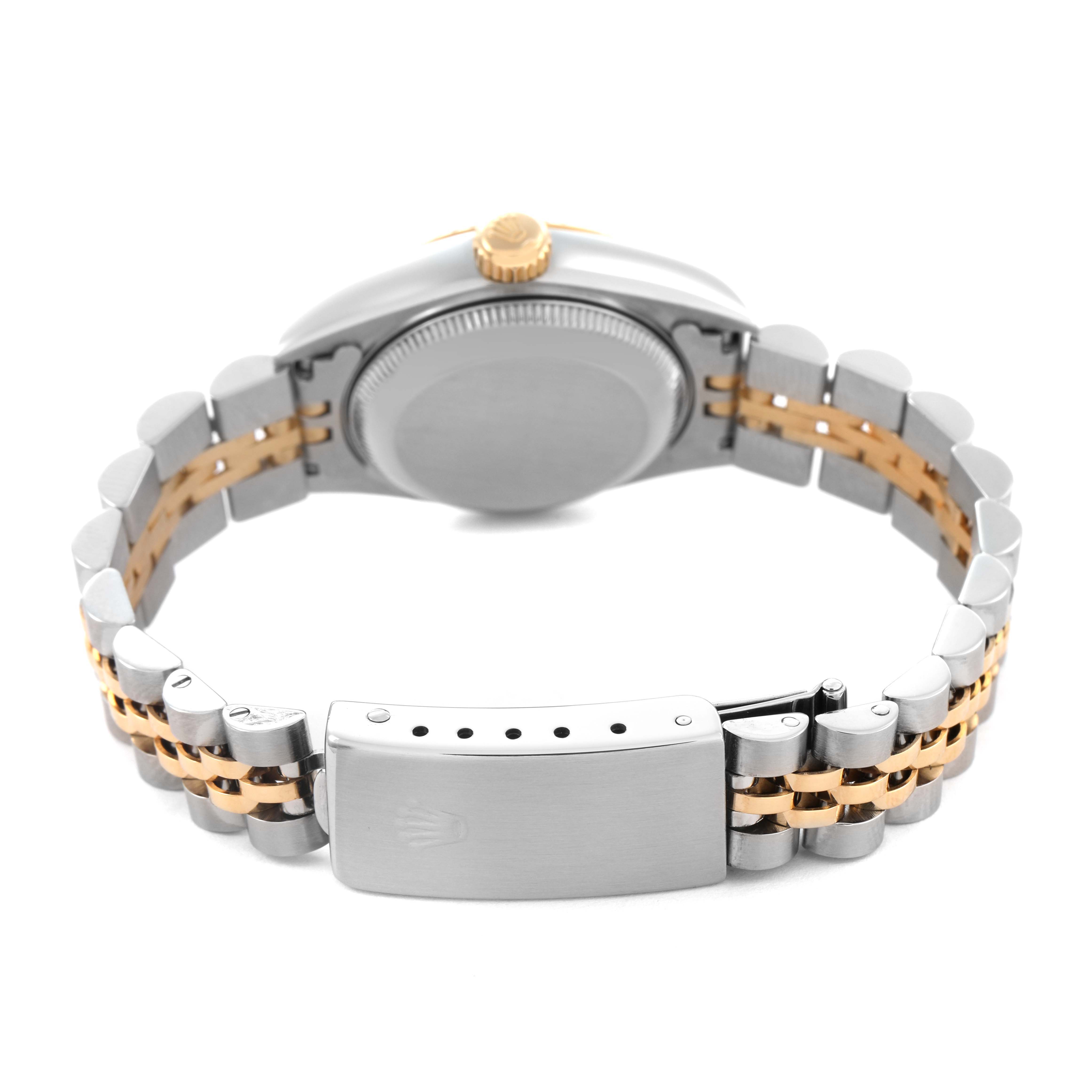 The image shows the back of a Rolex Datejust 69173 Women's Steel and Gold (two tone) Champagne Dial watch focusing on the bracelet and clasp from a rear angle.