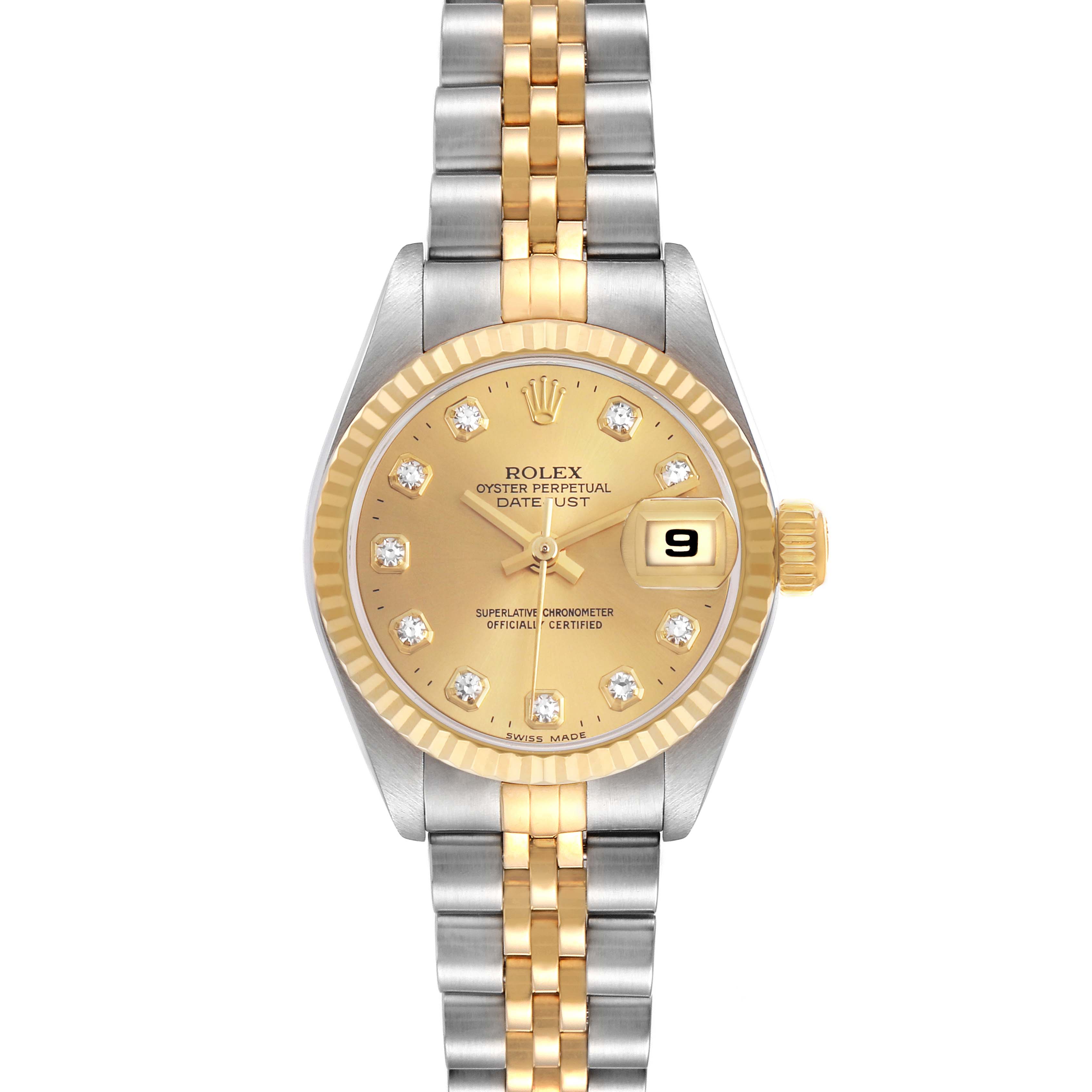 The Rolex Datejust 69173 Women's Steel and Gold (two tone) Champagne Dial watch is shown from a top view, highlighting the gold and silver bracelet, fluted bezel, and dial with diamond markers.