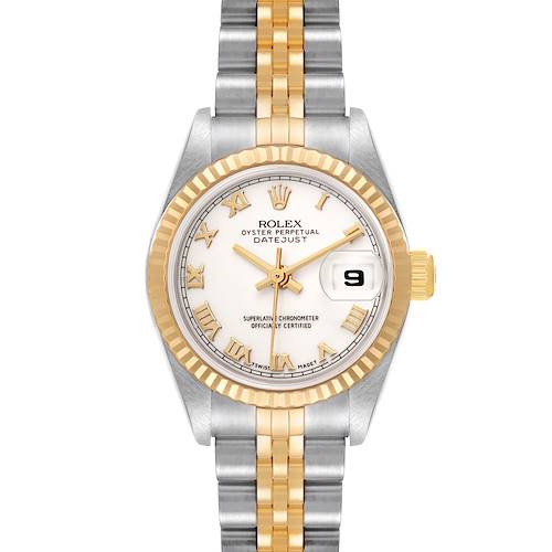 The Rolex Datejust 79173 Women's Steel and Gold (two tone) White Dial watch is shown from the front, displaying the face, bezel, crown, and bracelet.