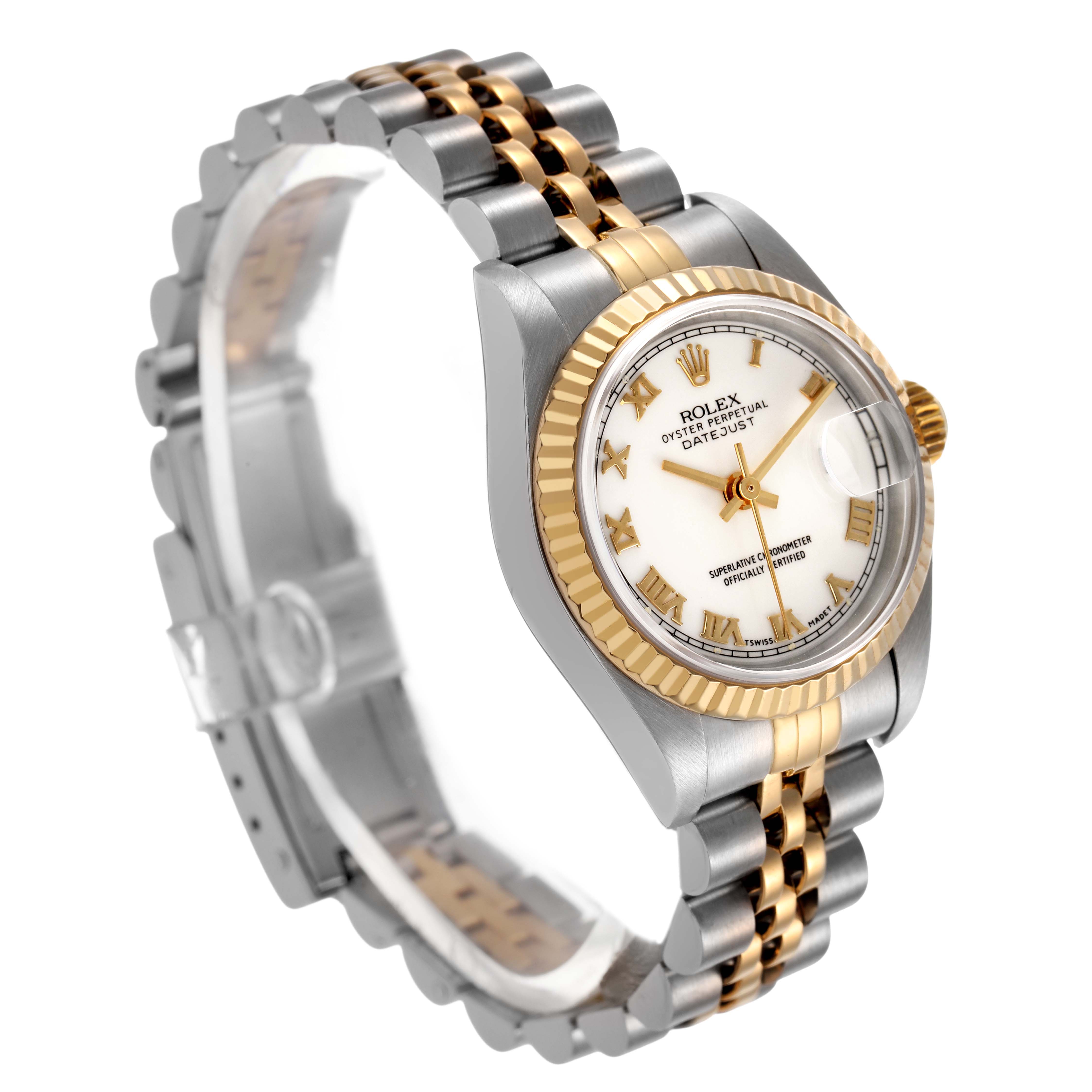 The Rolex Datejust 79173 Women's Steel and Gold (two tone) White Dial watch is shown at a three-quarter angle displaying the face, bezel, crown, and part of the bracelet.