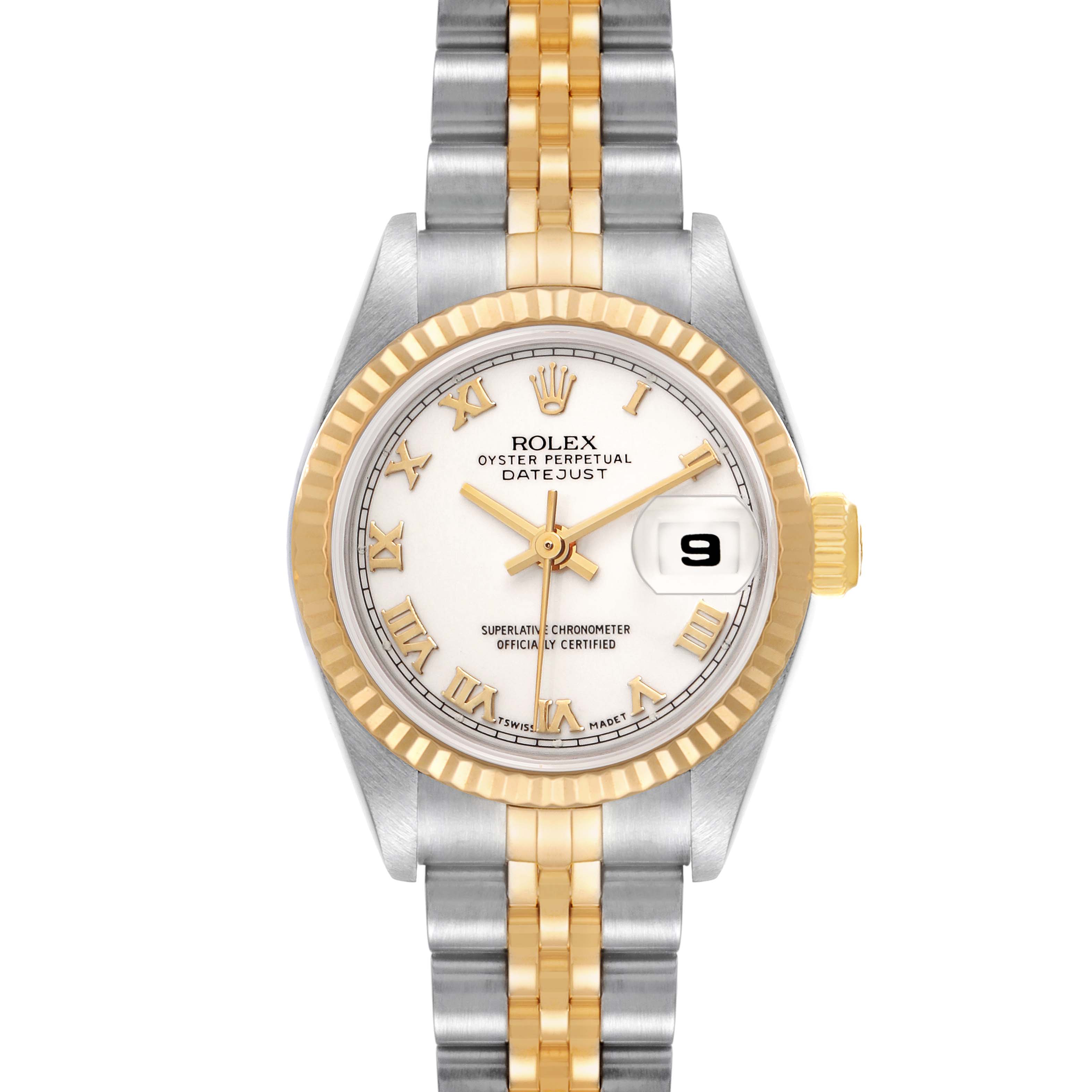 The Rolex Datejust 79173 Women's Steel and Gold (two tone) White Dial watch is shown from a top-down angle, highlighting the dial, bezel, bracelet, and date window.