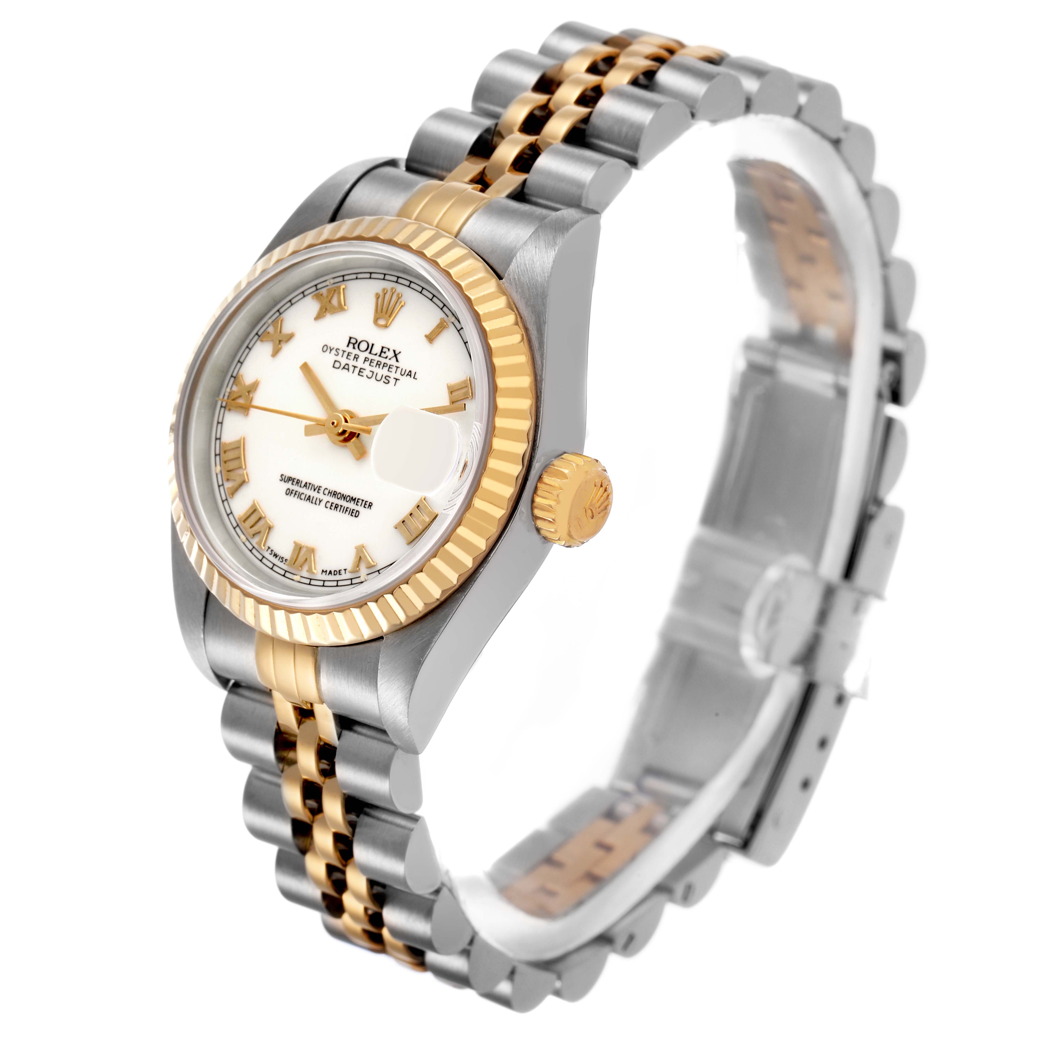 The Rolex Datejust 79173 Women's Steel and Gold (two tone) White Dial watch is shown at a three-quarter angle displaying the case, bezel, dial, crown, and two-tone bracelet.
