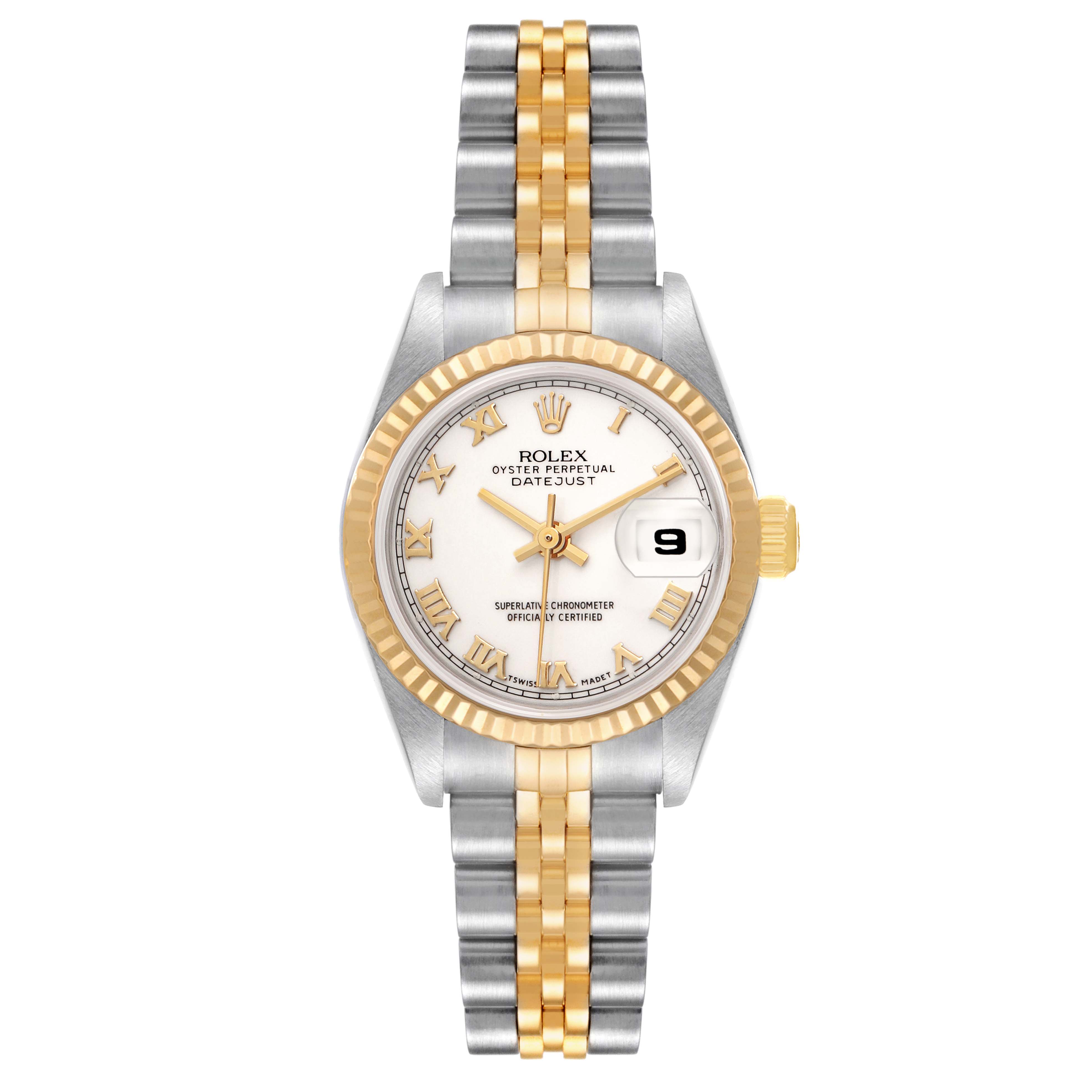 The Rolex Datejust 79173 Women's Steel and Gold (two tone) White Dial watch is shown from a top-down angle, displaying its dial, bracelet, and fluted bezel.