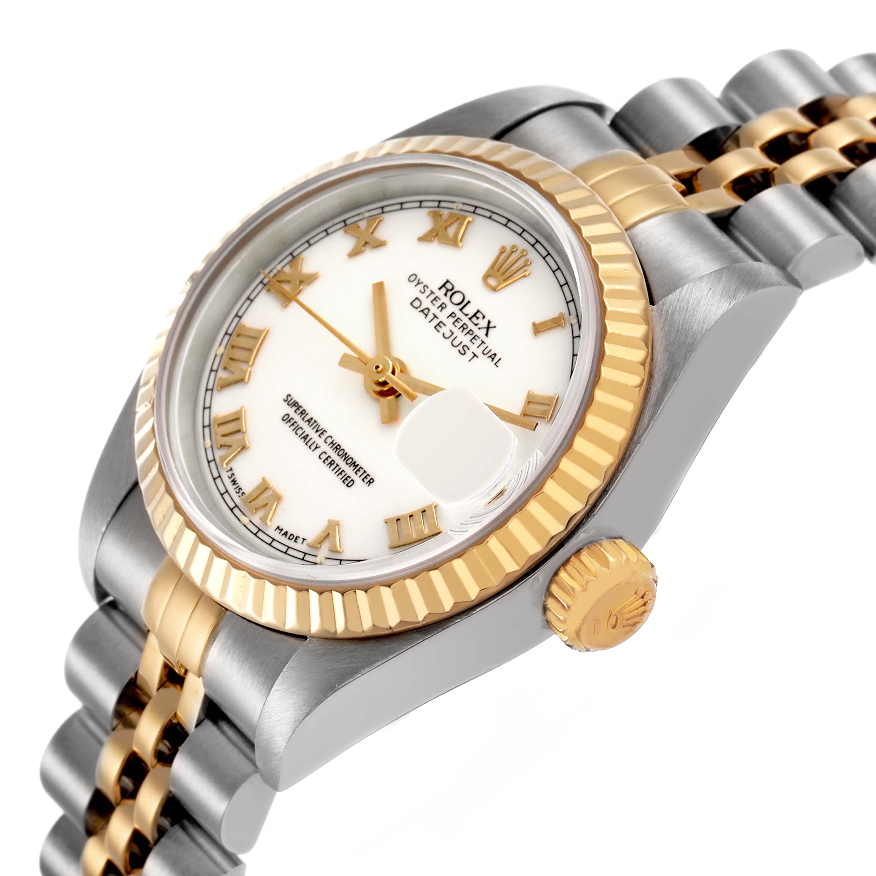 The Rolex Datejust 79173 Women's Steel and Gold (two tone) White Dial watch is shown at an angle highlighting the dial, bezel, crown, and bracelet.