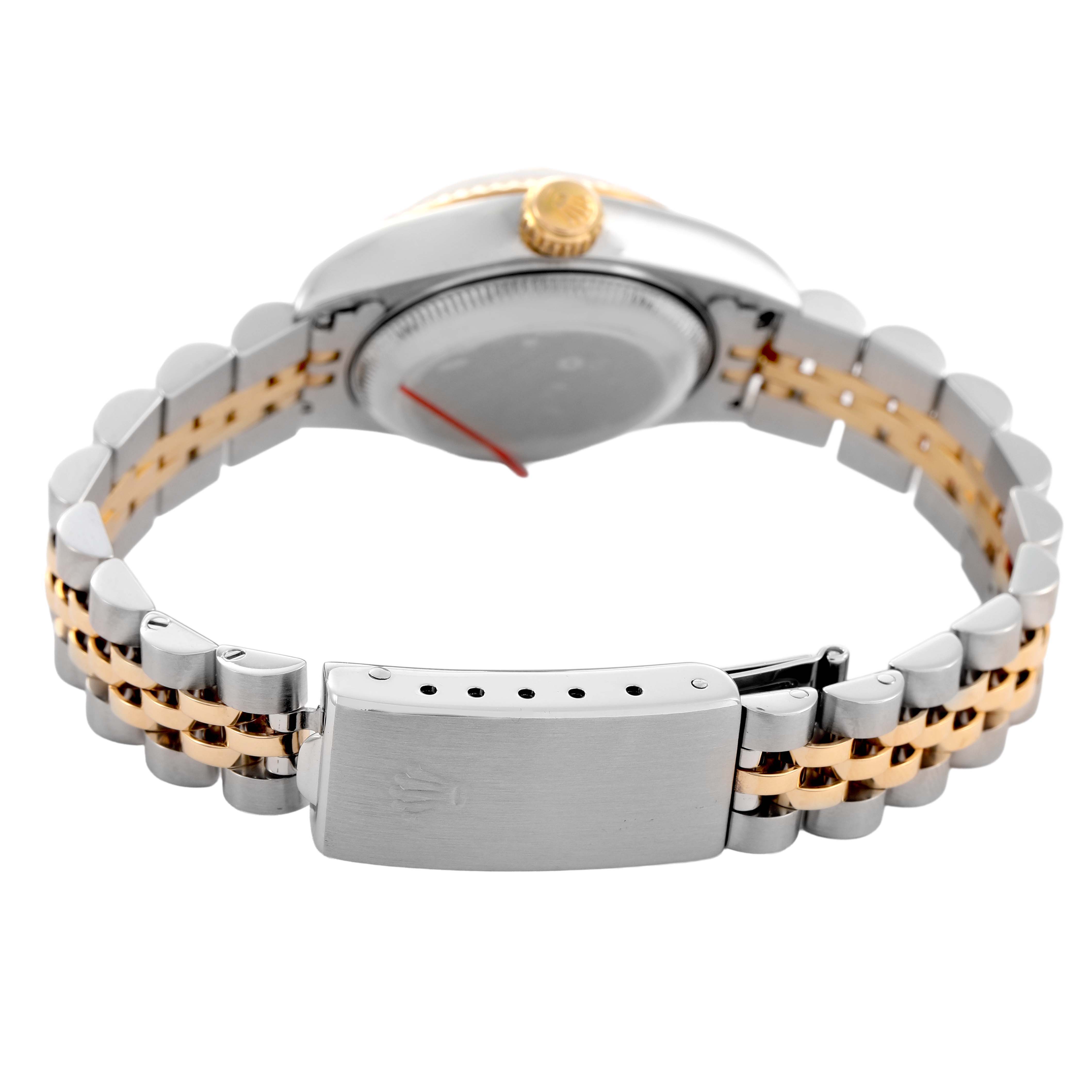 The image shows the Rolex Datejust 79173 Women's Steel and Gold (two tone) White Dial watch from the back, displaying the case, crown, and two-tone bracelet with a clasp.