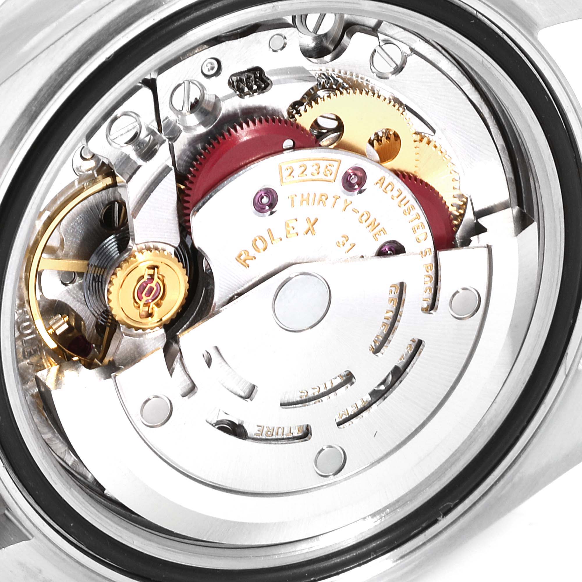 This image shows the intricate movement mechanism of the Rolex Datejust 279160 Women's Stainless Steel Pink Dial 279160 Women's Stainless Steel Pink Dial watch from a back-facing angle.