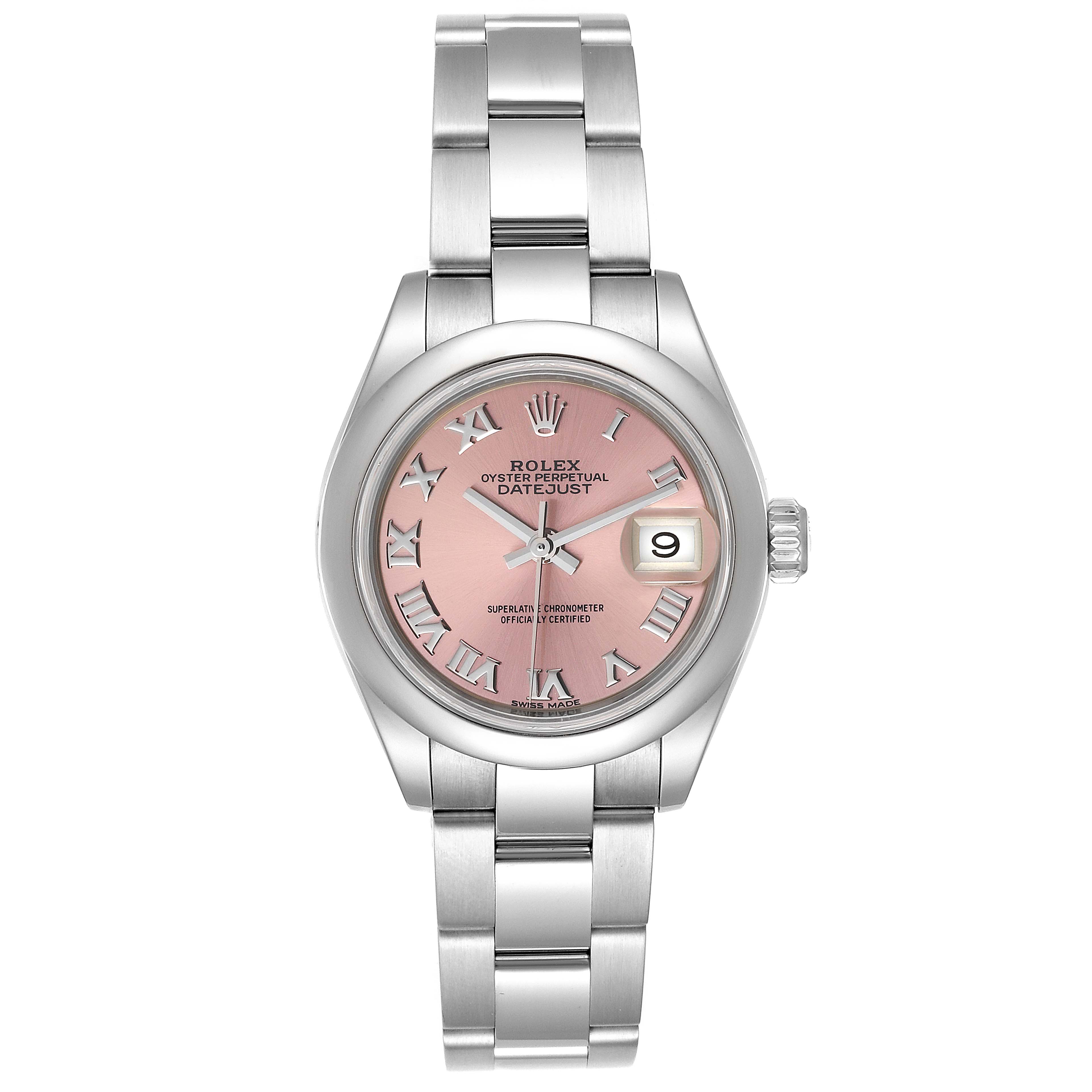 The Rolex Datejust 279160 Women's Stainless Steel Pink Dial 279160 Women's Stainless Steel Pink Dial watch is shown from a front angle, displaying the pink dial, Roman numerals, date window, and bracelet.
