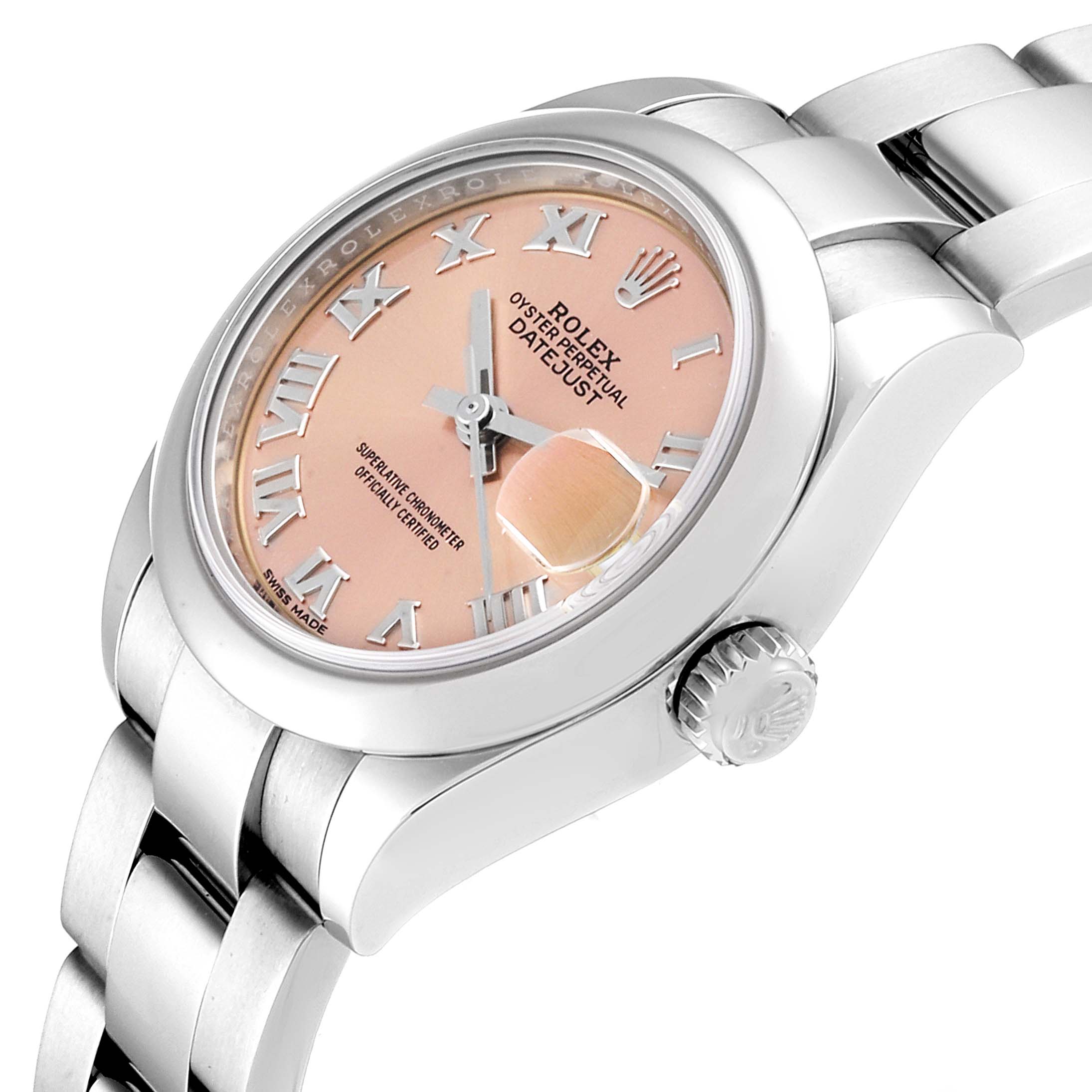 The image shows a Rolex Datejust 279160 Women's Stainless Steel Pink Dial 279160 Women's Stainless Steel Pink Dial model watch at a three-quarter angle, highlighting the pink dial, Roman numerals, bezel, and part of the stainless steel bracelet.