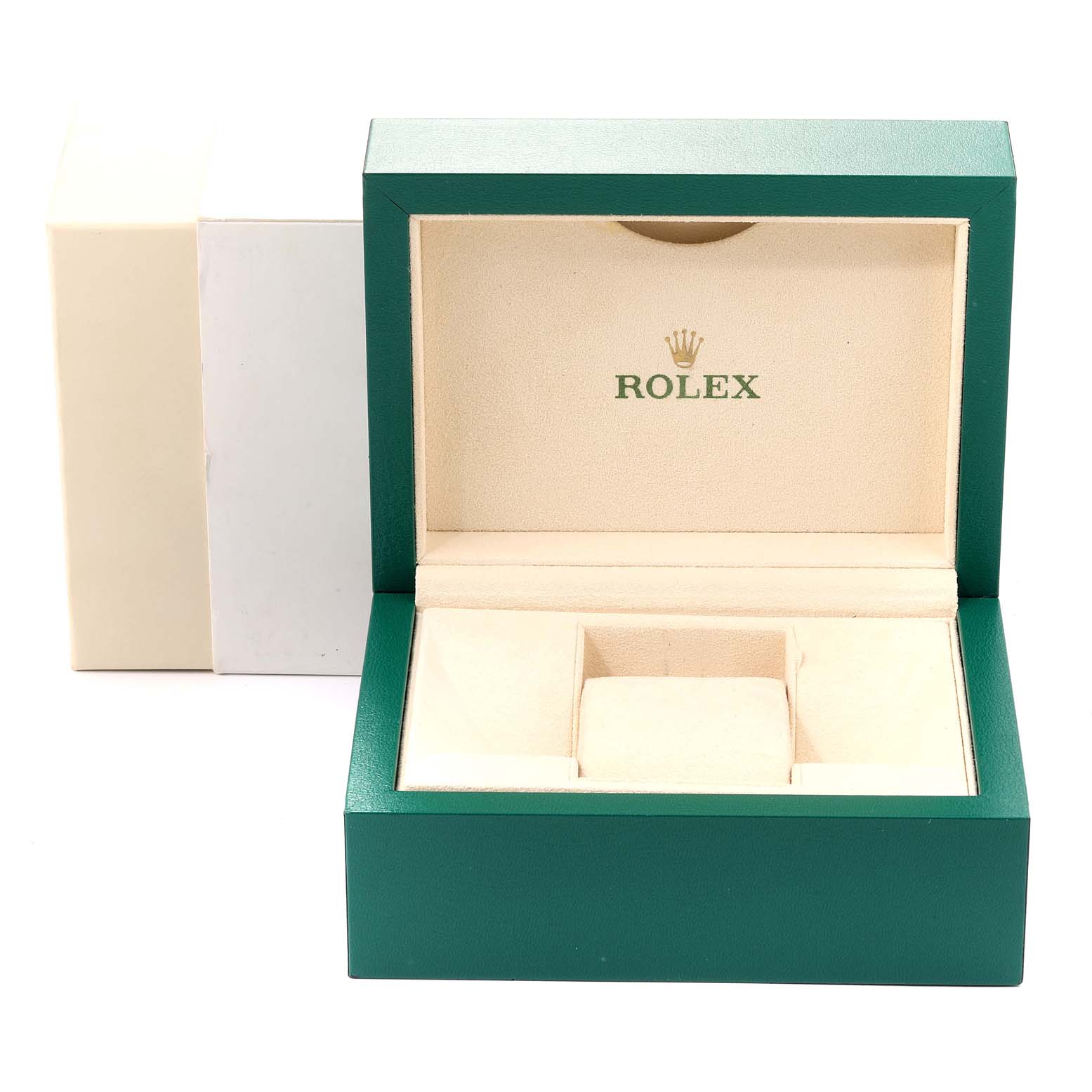 This image shows an open green and beige Rolex Datejust 279160 Women's Stainless Steel Pink Dial 279160 Women's Stainless Steel Pink Dial watch box.