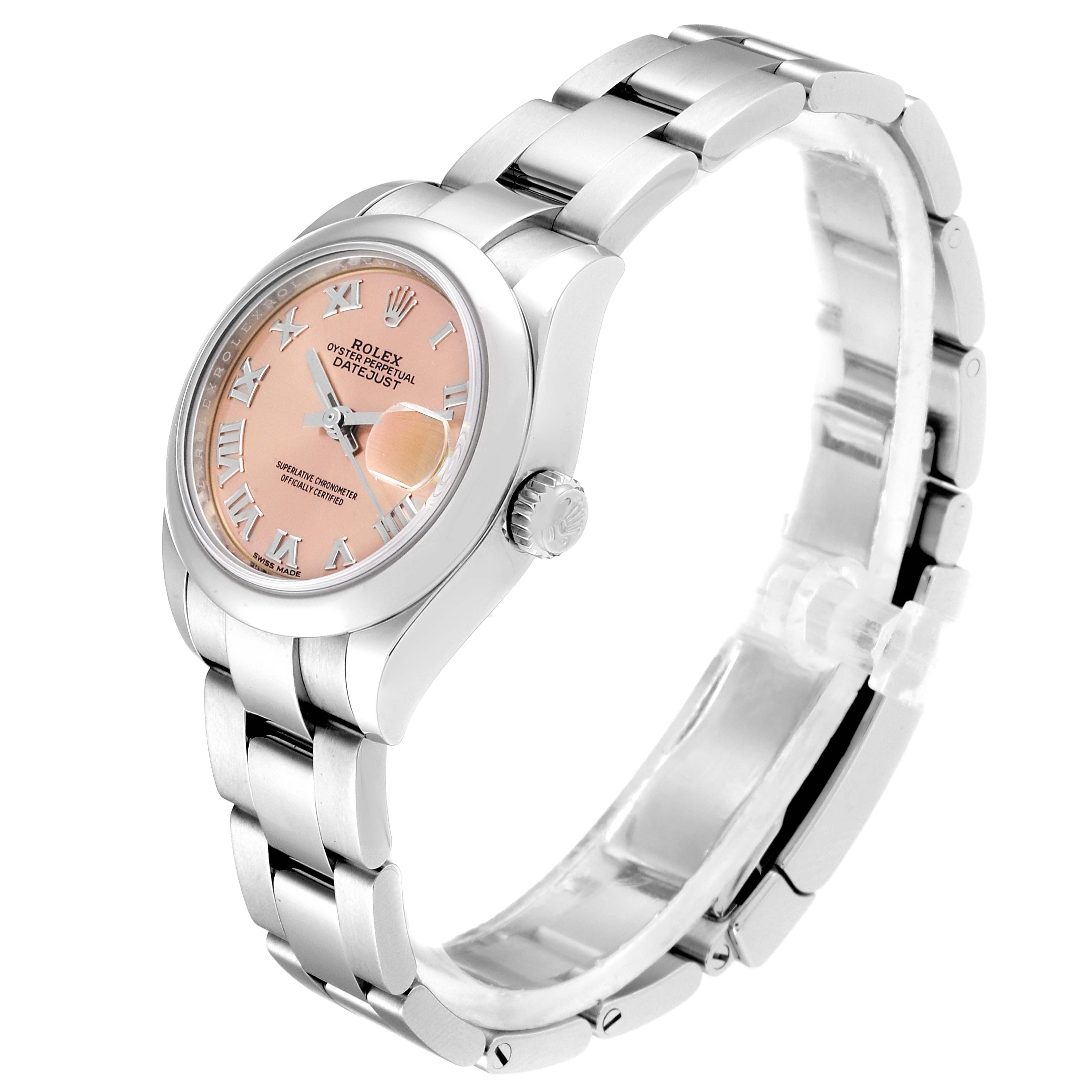 The image shows a side and front angle of a Rolex Datejust 279160 Women's Stainless Steel Pink Dial 279160 Women's Stainless Steel Pink Dial watch, highlighting its face, bracelet, and crown.