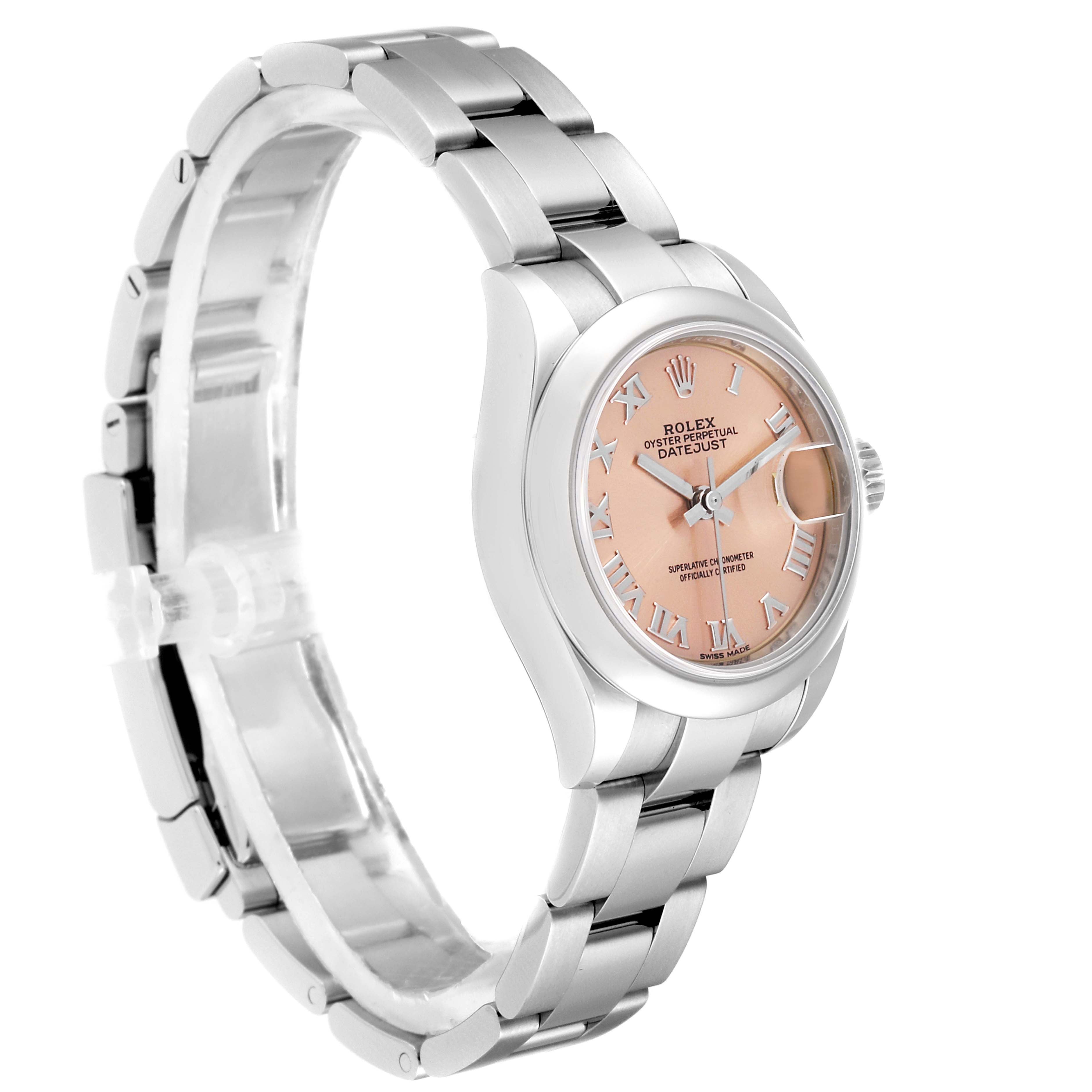 Side view of a Rolex Datejust 279160 Women's Stainless Steel Pink Dial 279160 Women's Stainless Steel Pink Dial model watch showcasing its bracelet, case, and dial with Roman numerals.