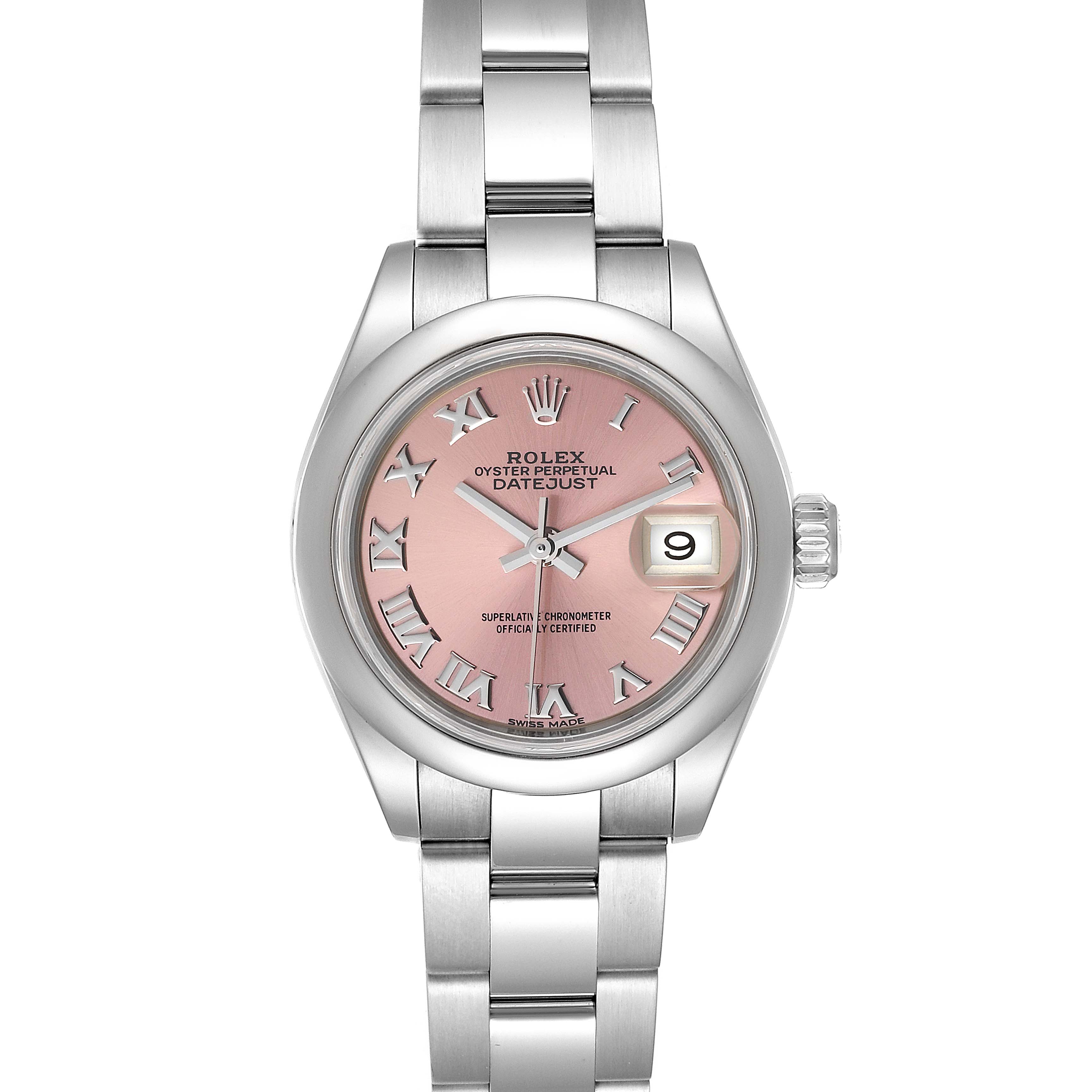 This image shows a front view of a Rolex Datejust 279160 Women's Stainless Steel Pink Dial 279160 Women's Stainless Steel Pink Dial watch, highlighting its pink dial, stainless steel case, and bracelet.