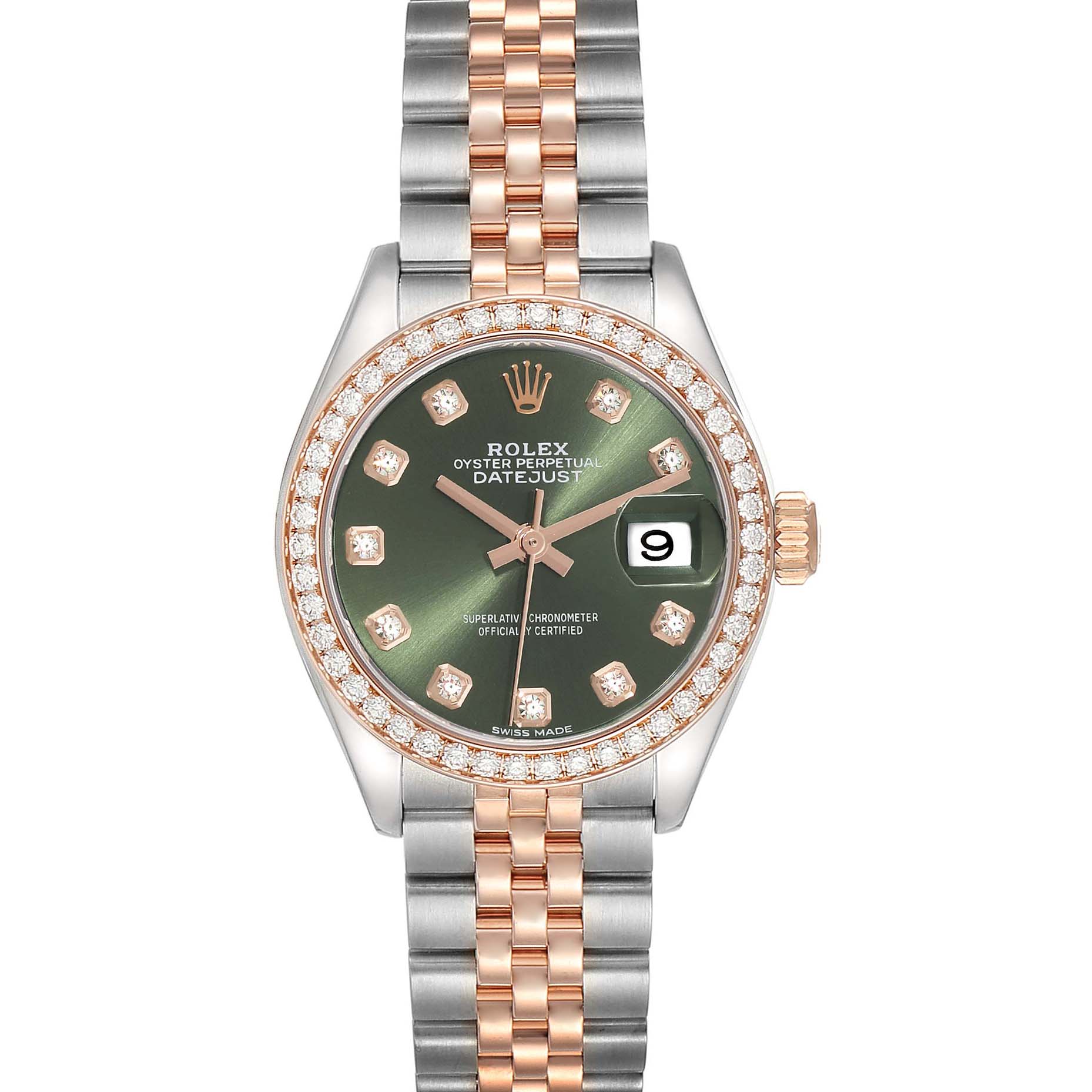 The Rolex Datejust 279381 Women's Steel and Gold (two tone) Green Dial 279381 Women's Steel and Gold (two tone) Green Dial model watch is shown from a top-down angle displaying its face, bezel, and bracelet.