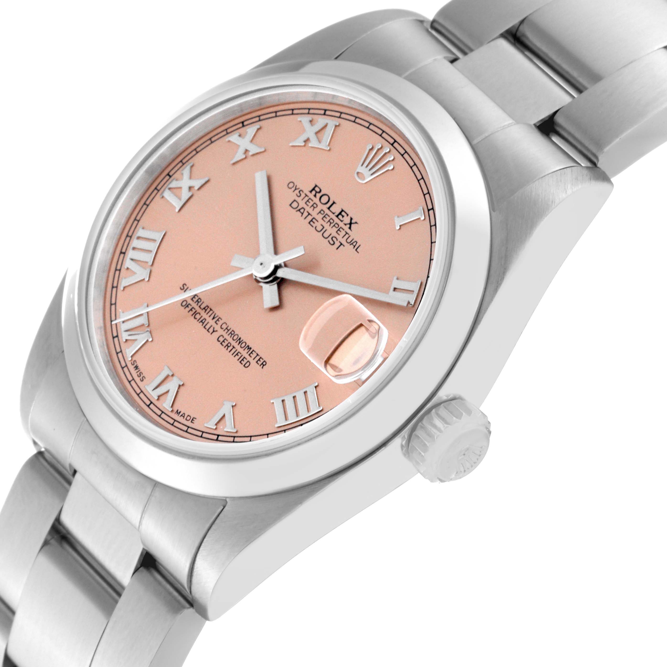 The image shows a Rolex Mid-Size 78240 Women's Stainless Steel Pink Dial 78240 Women's Stainless Steel Pink Dial Oyster Perpetual Datejust watch from an angled view, highlighting the dial, bezel, and bracelet.