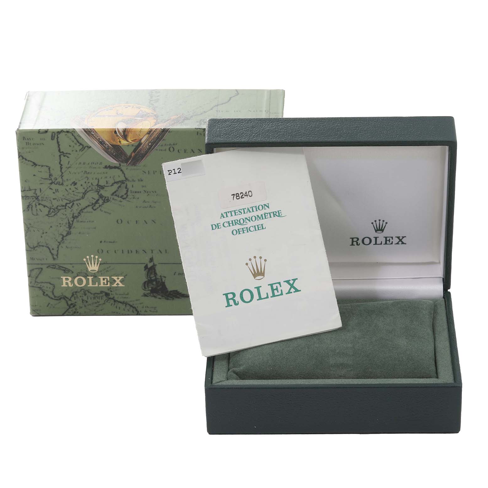 The image shows the packaging for a Mid-Size Rolex watch, including the outer box, inner box, and certificate.