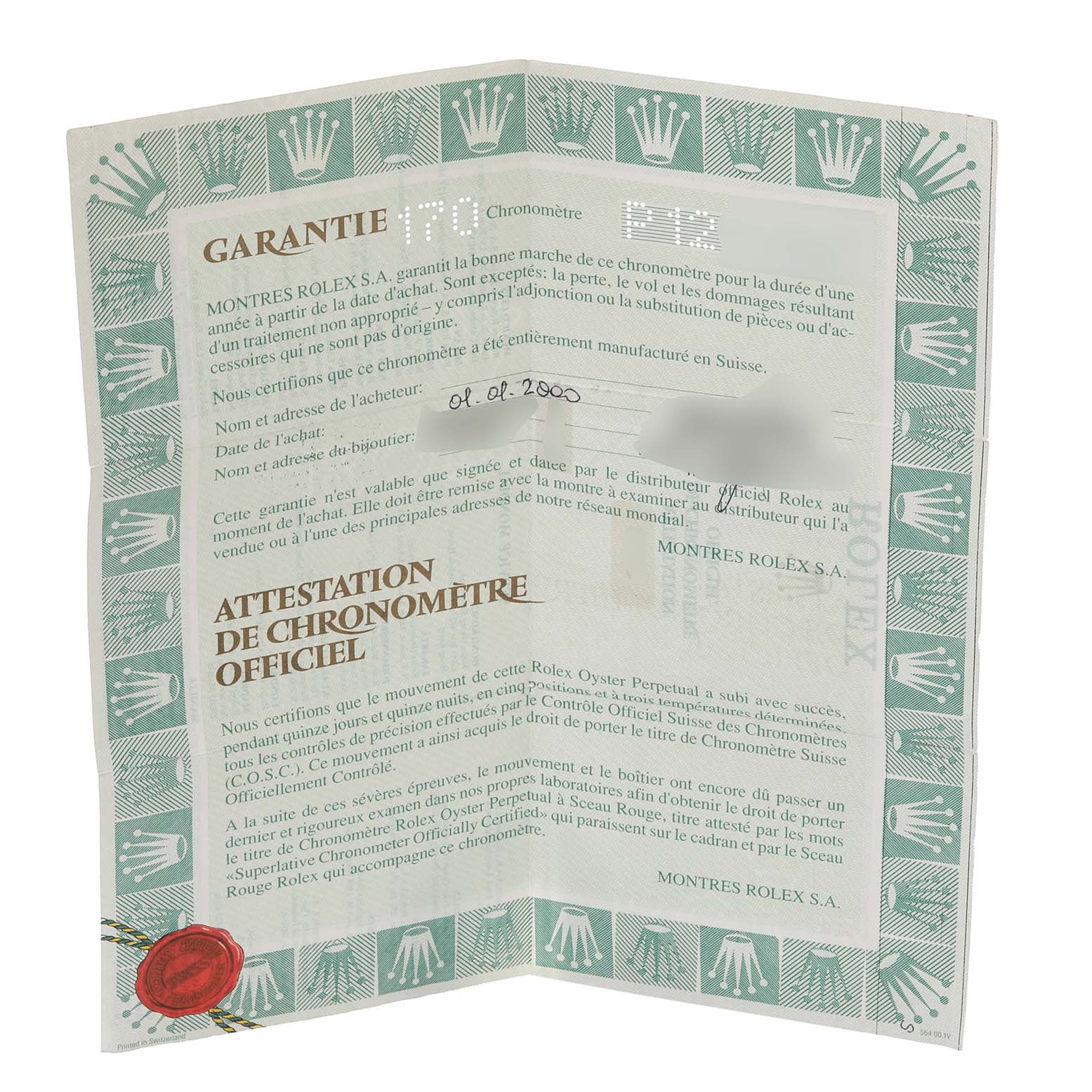 This image shows the official warranty and certification paperwork for a mid-size Rolex timepiece.