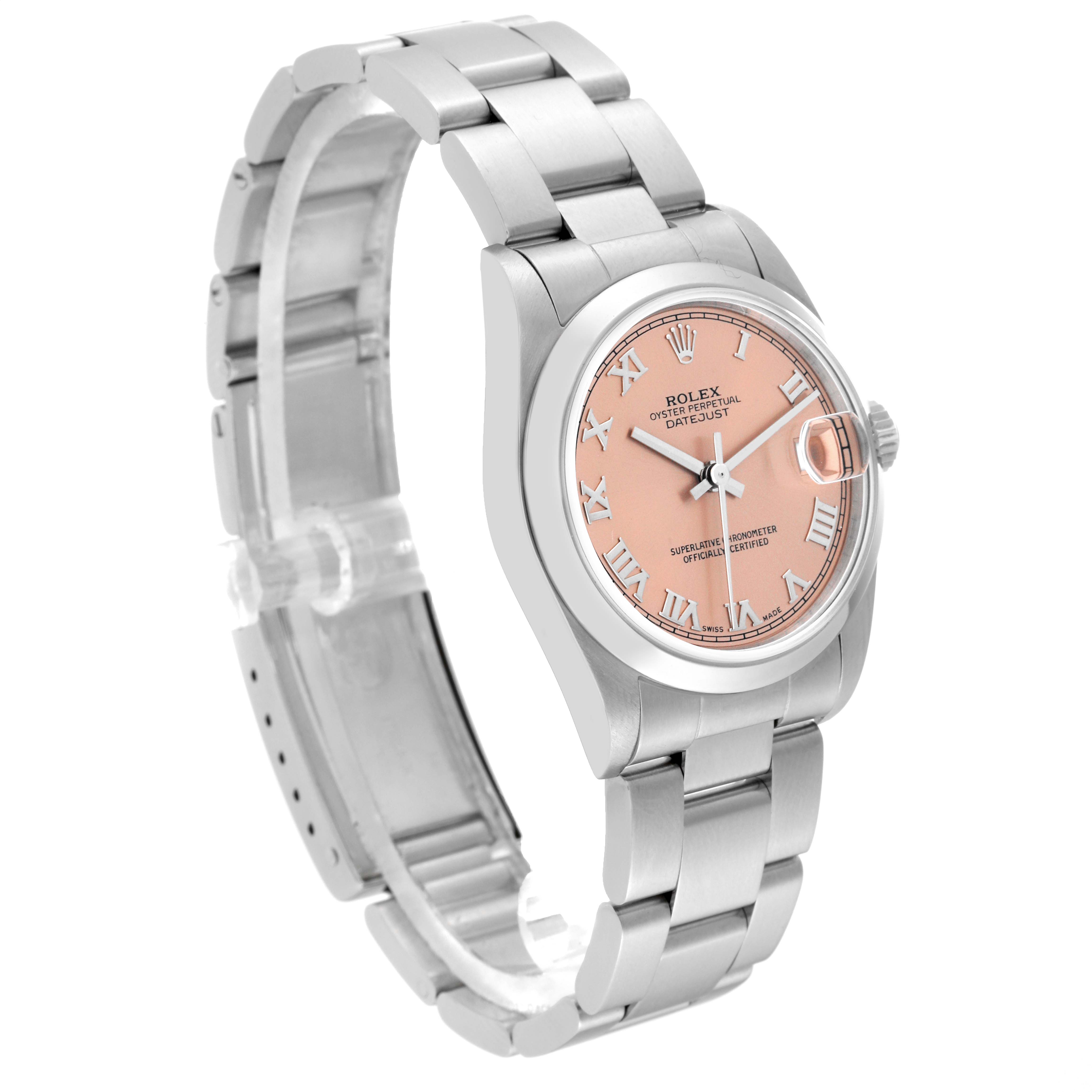 The Rolex Oyster Perpetual Datejust Mid-Size watch is shown at a three-quarter side angle, displaying the face, band, and crown.