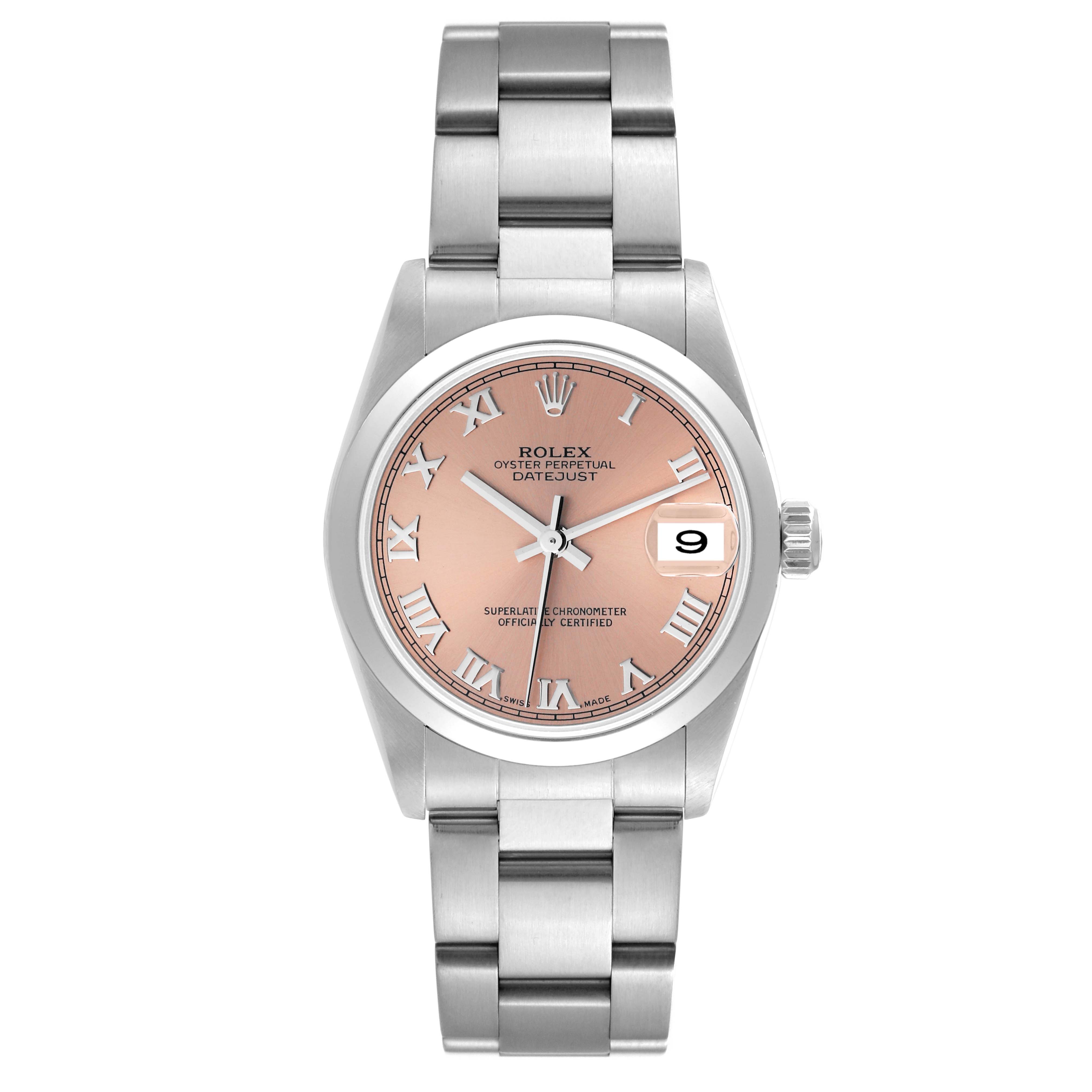 This is a front view of a Rolex Mid-Size 78240 Women's Stainless Steel Pink Dial 78240 Women's Stainless Steel Pink Dial Datejust watch featuring a pink Roman numeral dial and stainless steel bracelet.