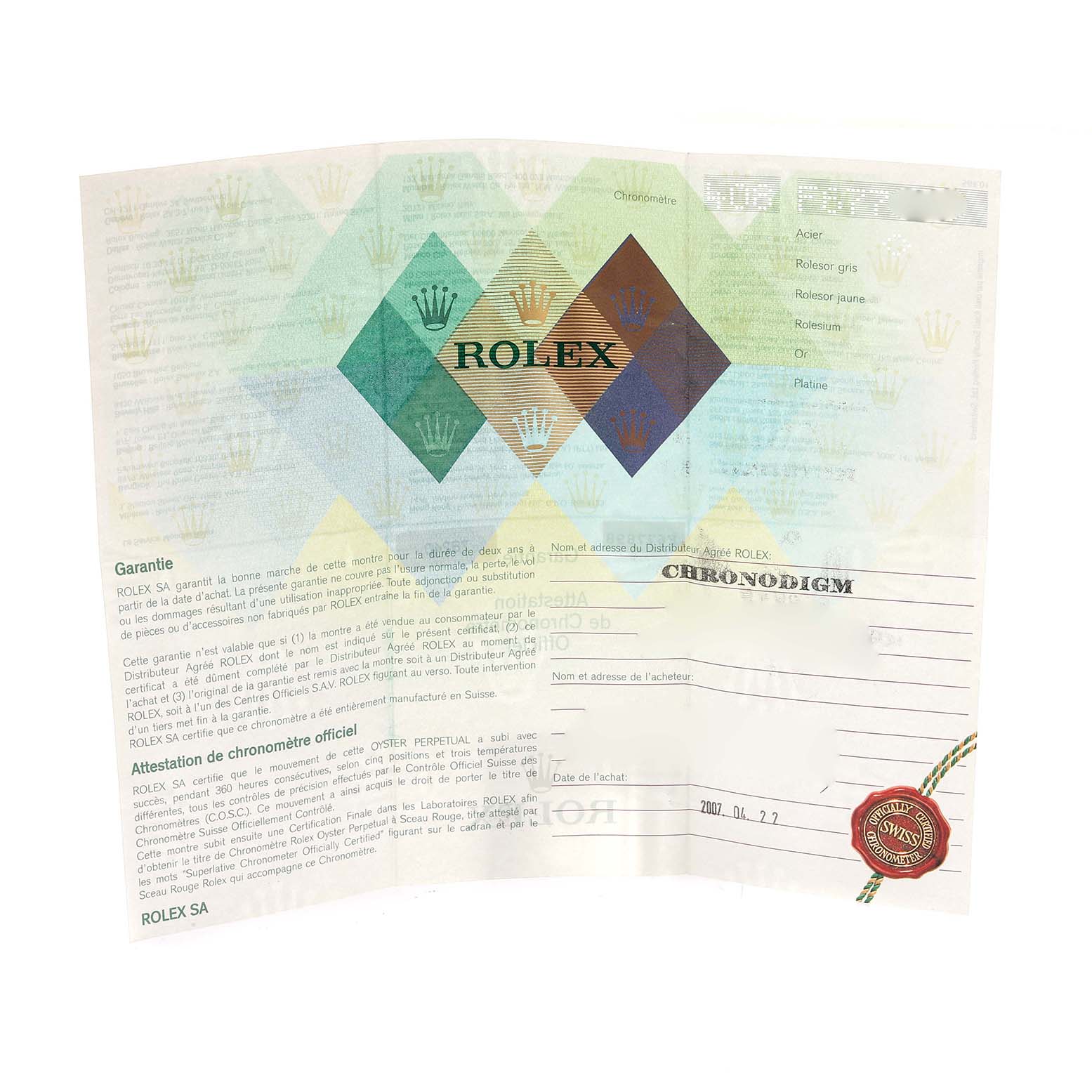 This image shows a Rolex warranty card with the brand name and logo prominently displayed.