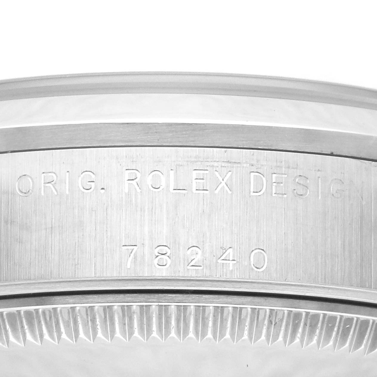The image shows a close-up view of the case and bezel with engravings, including "ORIG. ROLEX DESIGN" and the model number "78240," for a Rolex Mid-Size 78240 Women's Stainless Steel Silver Dial 78240 Women's Stainless Steel Silver Dial watch.