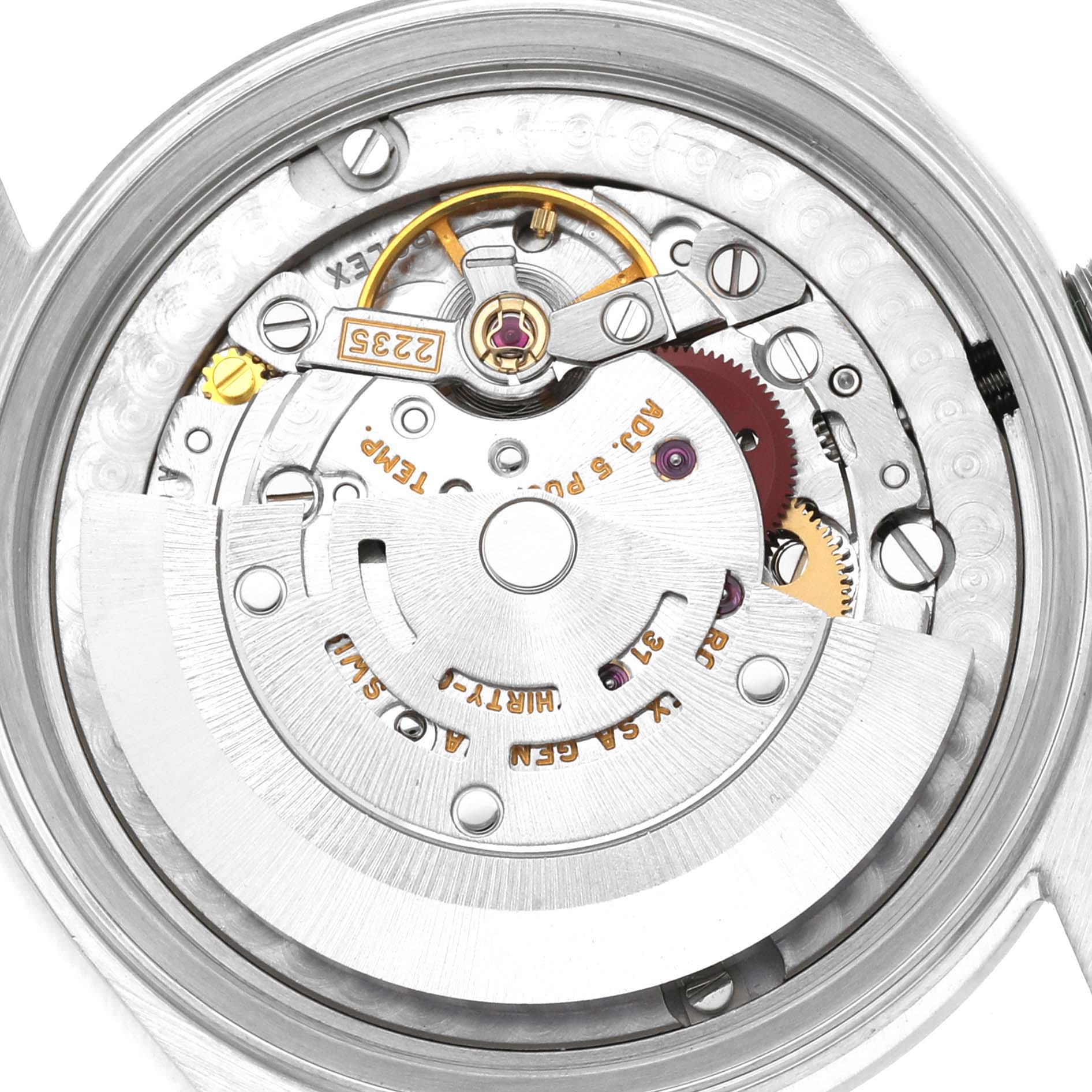 This image shows the internal mechanism and movement of a Rolex Mid-Size 78240 Women's Stainless Steel Silver Dial 78240 Women's Stainless Steel Silver Dial watch from a top-down angle.