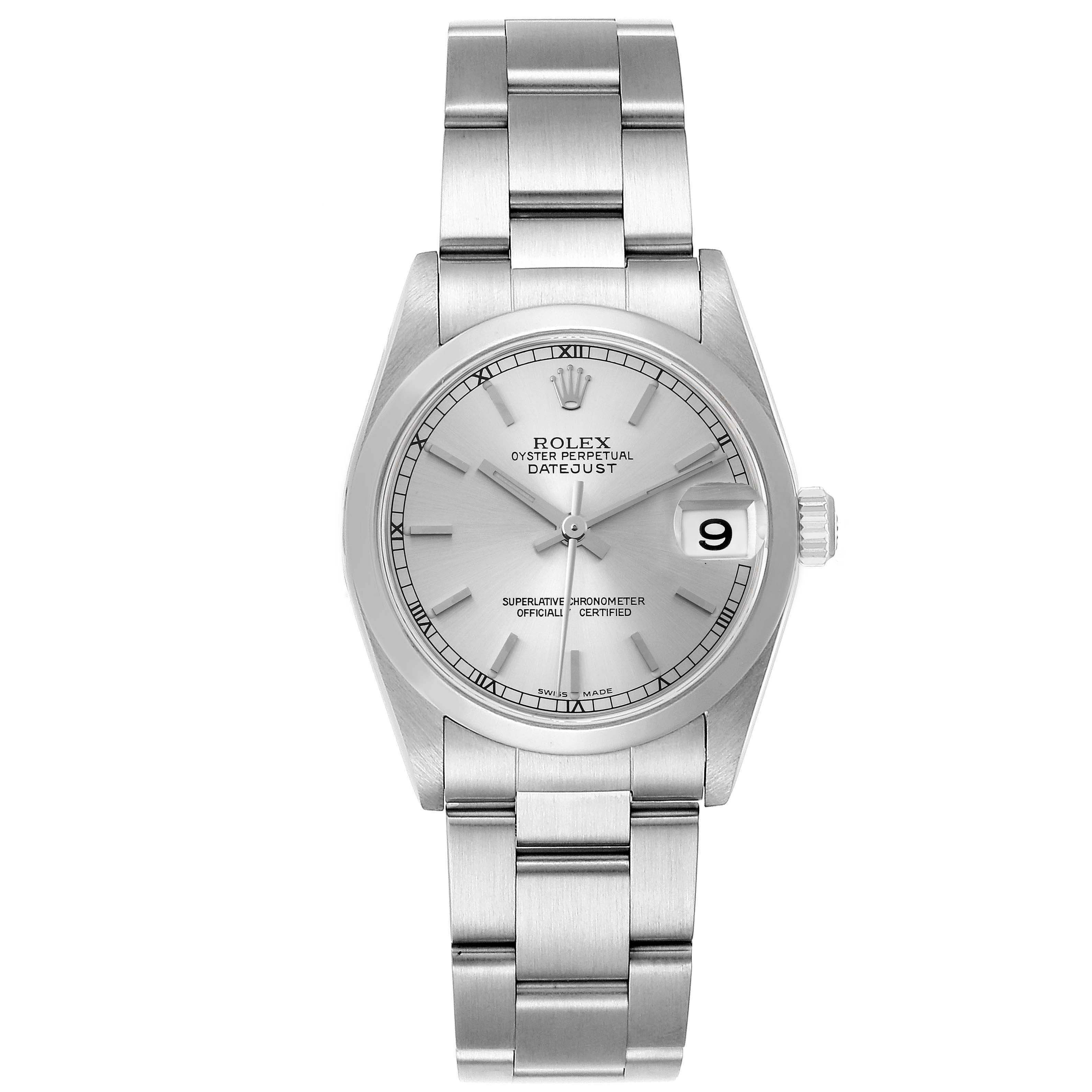 The Rolex Mid-Size 78240 Women's Stainless Steel Silver Dial 78240 Women's Stainless Steel Silver Dial Datejust watch is shown from a top-down angle, featuring its dial, bezel, case, and bracelet.