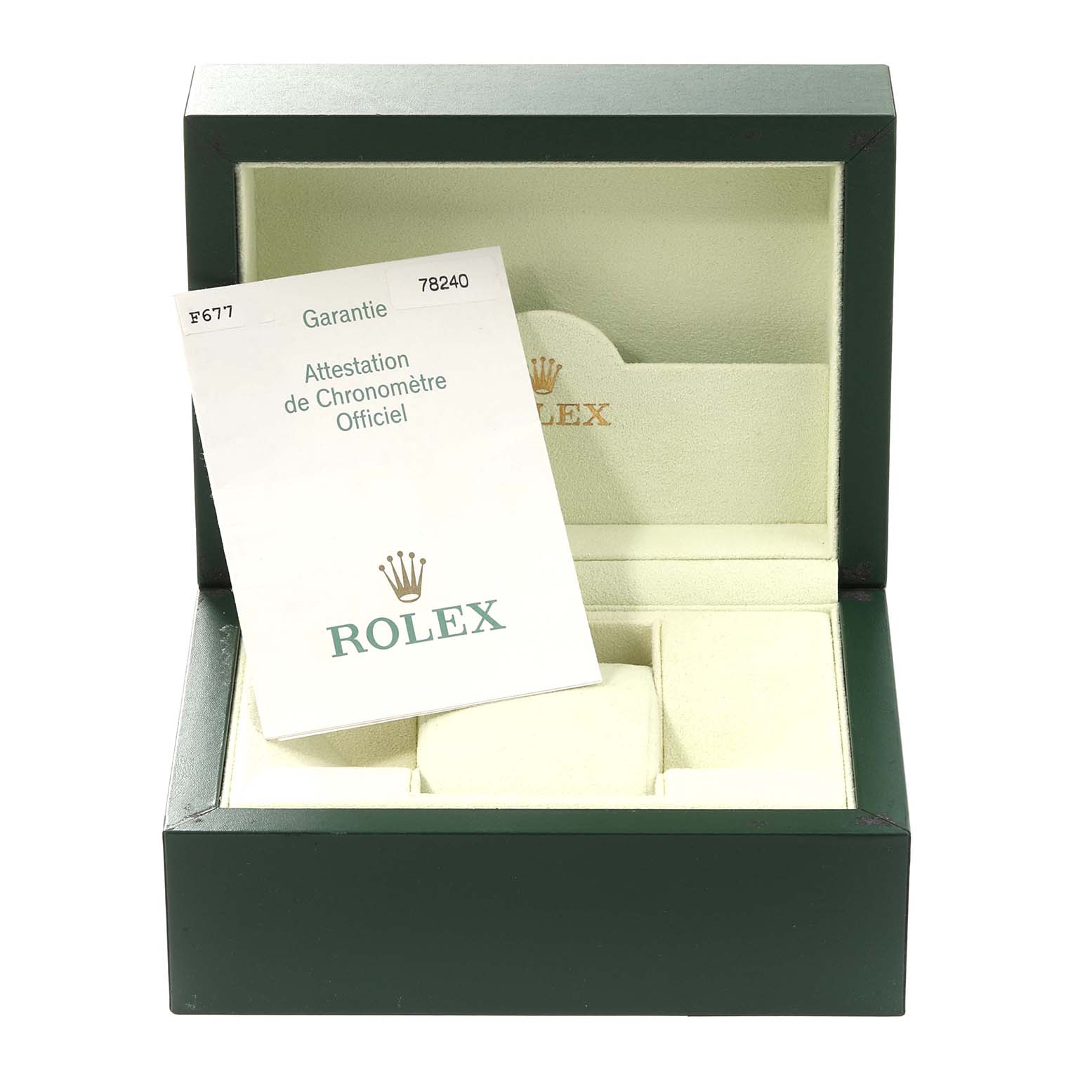 The image shows an open Rolex Mid-Size 78240 Women's Stainless Steel Silver Dial 78240 Women's Stainless Steel Silver Dial watch box and an official chronometer certification card.