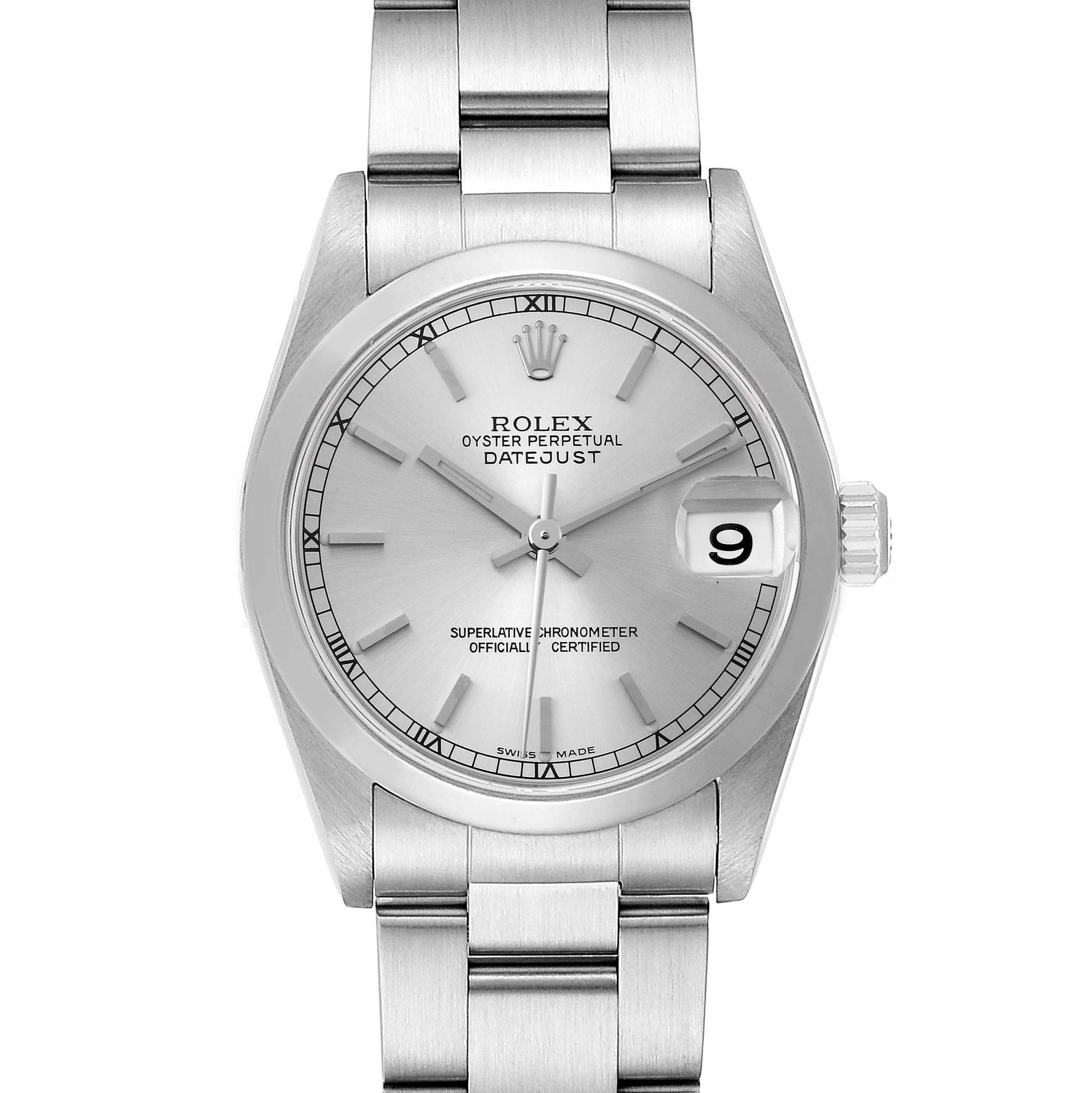 This image shows a frontal view of a Rolex Mid-Size 78240 Women's Stainless Steel Silver Dial 78240 Women's Stainless Steel Silver Dial Oyster Perpetual Datejust watch, displaying its face, bezel, and bracelet.