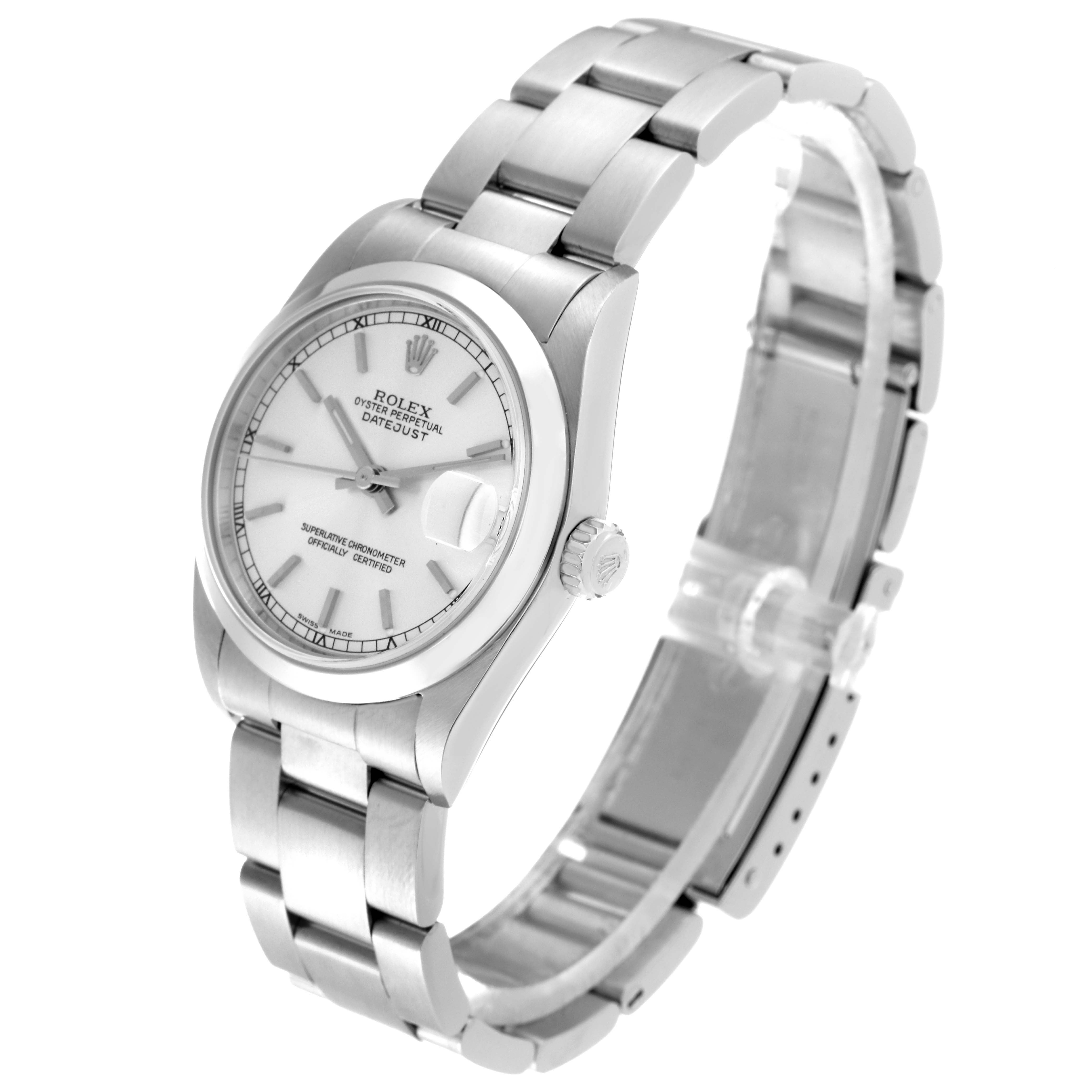This image shows a Mid-Size Rolex Oyster Perpetual Datejust watch from an angled perspective, highlighting the face, case, and bracelet.