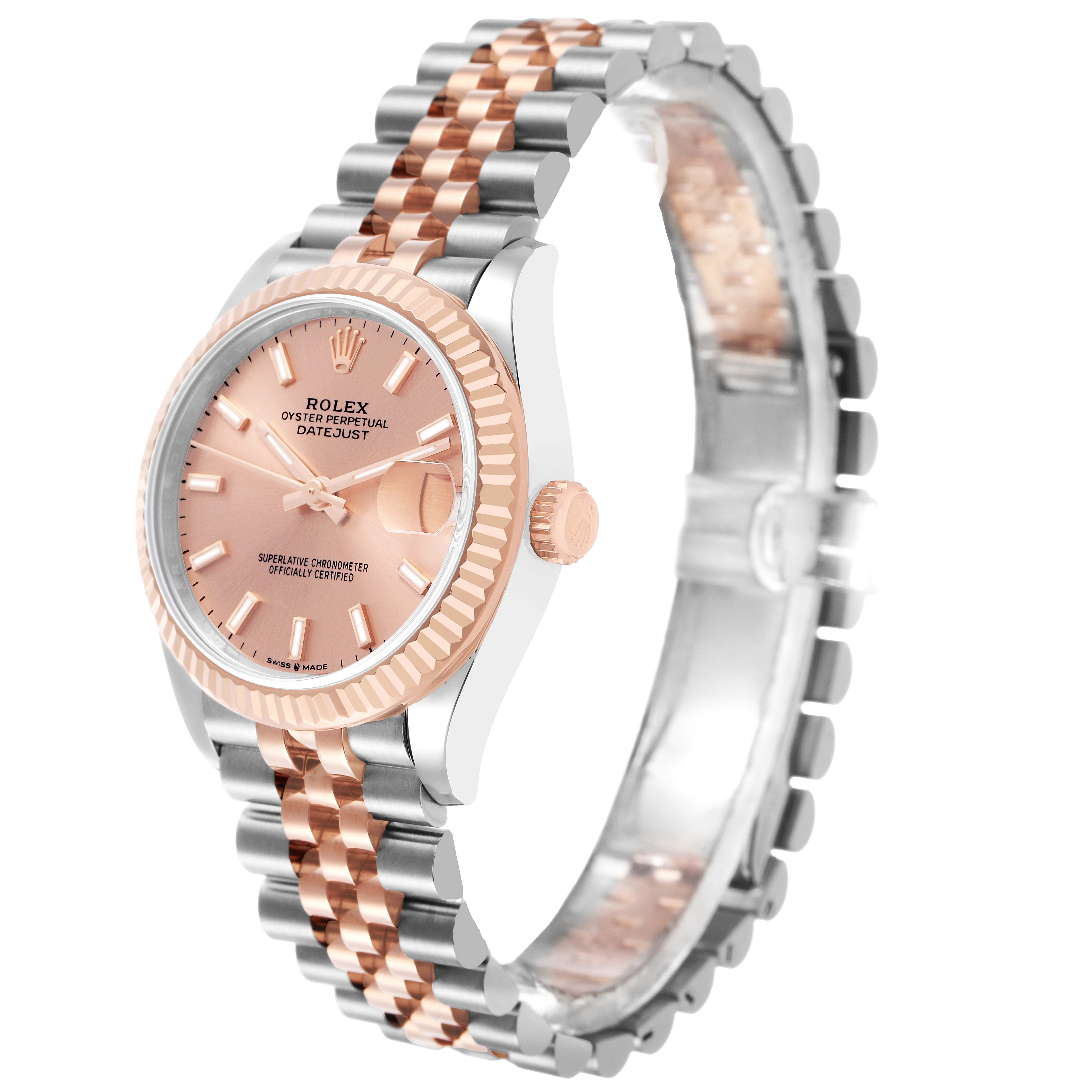 The Rolex Mid-Size 278271 Women's Steel and Gold (two tone) Pink Dial model is shown at a slight side angle, highlighting the watch face, bezel, and two-tone bracelet.